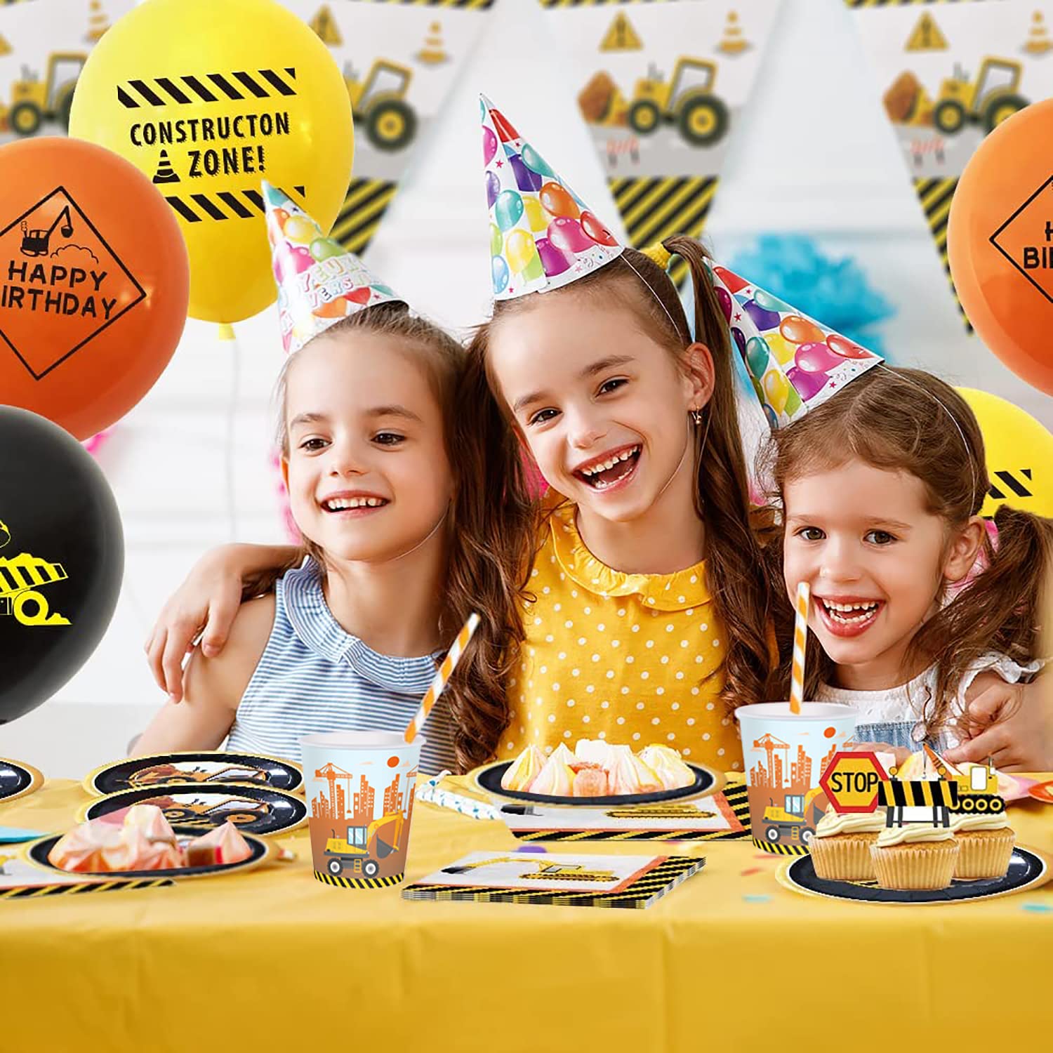 Bohrma Bouwplaats Party Servies, 80-delige graafmachine papieren bekers servetten stro set, perfect voor kinderverjaardagsfeestjes