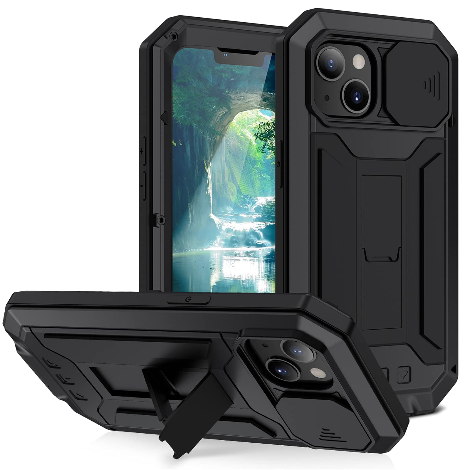 Funda para iPhone 13/13 Pro/13 mini/13 Pro Max/13 Mini, [Protección de la cámara] [Anti-Polvo & Anti-Arañazos] Heavy Duty Metal Bumper Antichoque Case con Soporte