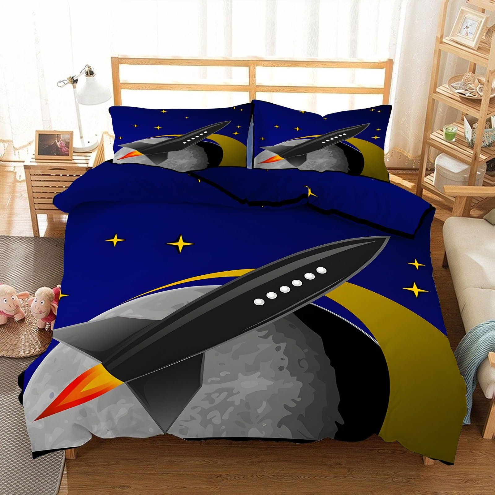 Poszwa na kołdrę 200x200 rakieta i księżyc Zestaw pościeli z mikrofibry, dla 2 osób i 2 x poszewki na poduszki 65x65 cm Komplet pościeli z zamknięciem księżycowym i gwiazdkami