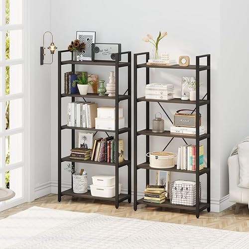 Miniatura 6 de FATORRI Estantería industrial de 5 niveles estantería abierta rústica para exhibición estantería de madera oscura y metal y estantes altos para