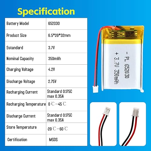 Miniatura 5 de 652030 3.7V Lipo Batería 350mAh 652030 Batería recargable de polímero de litio con conector JST PH2.0.000 in para dispositivo electrónico
