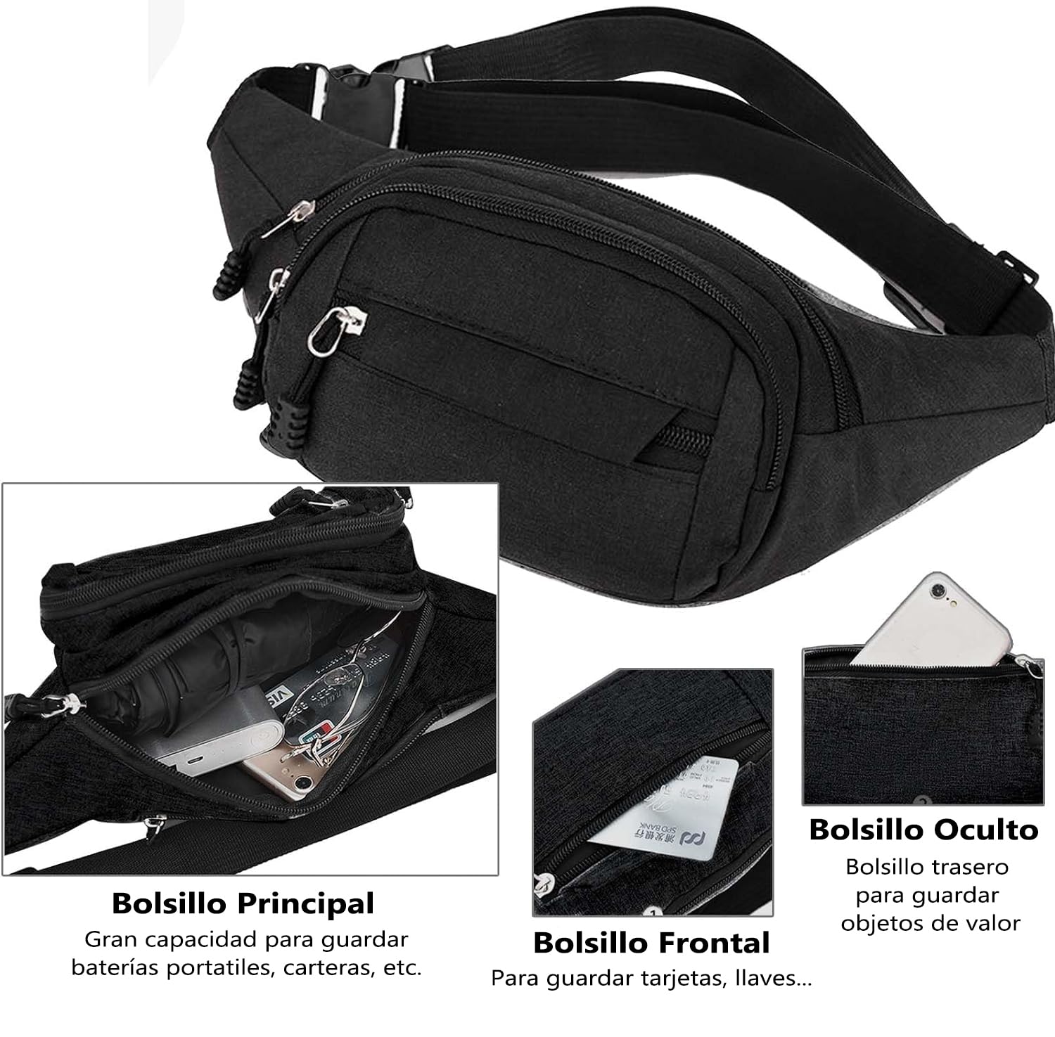 Riñonera Impermeable 4 Bolsillos Cinturón Ajustable Bolsillo Oculto