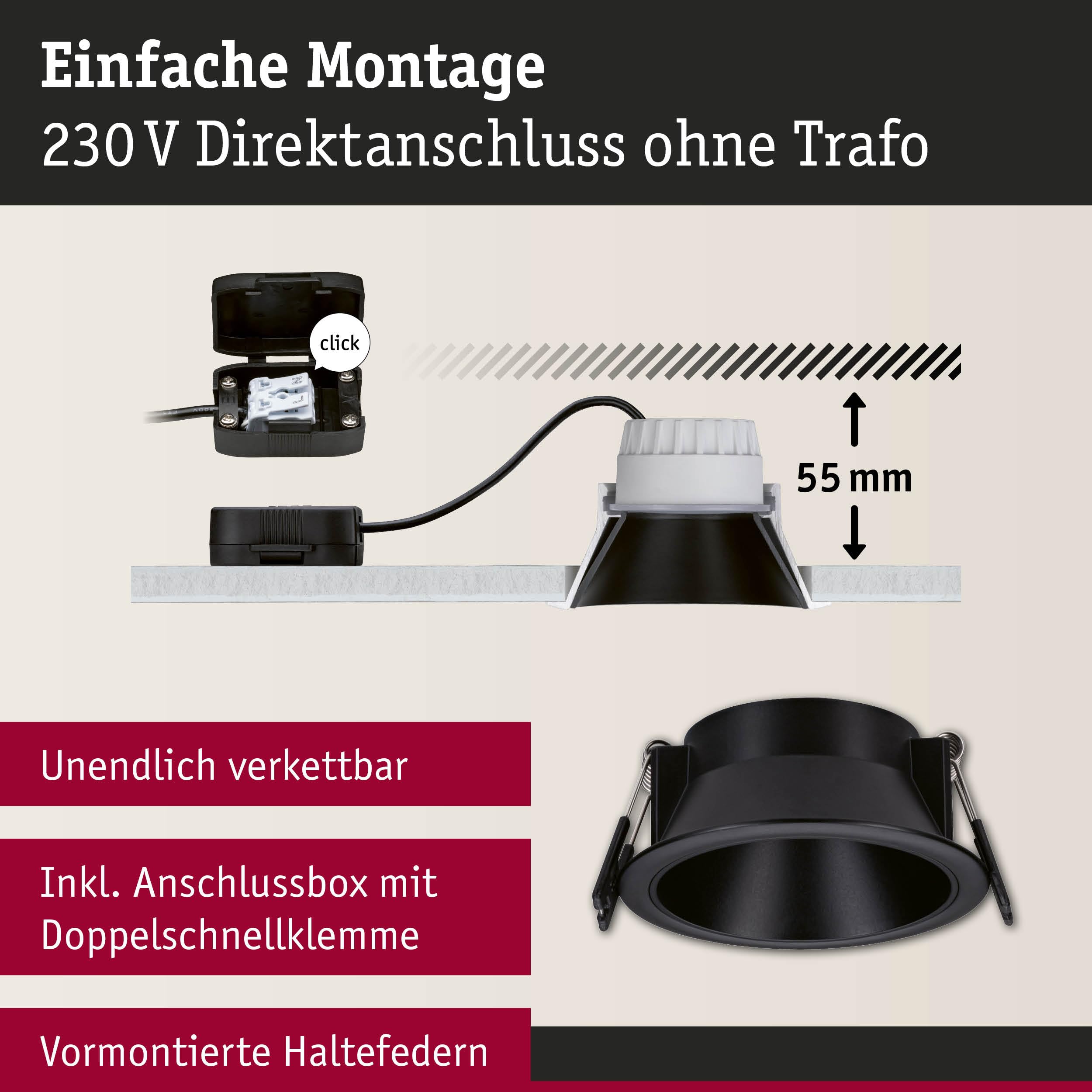 Paulmann 94869 Luminaria empotrable LED 3-Step-Dim Cole set básico juego de 3 uds. IP44 redondo 88 mm Coin 3 x 6 W 3 x 470 lm 230 V 2700 K negro