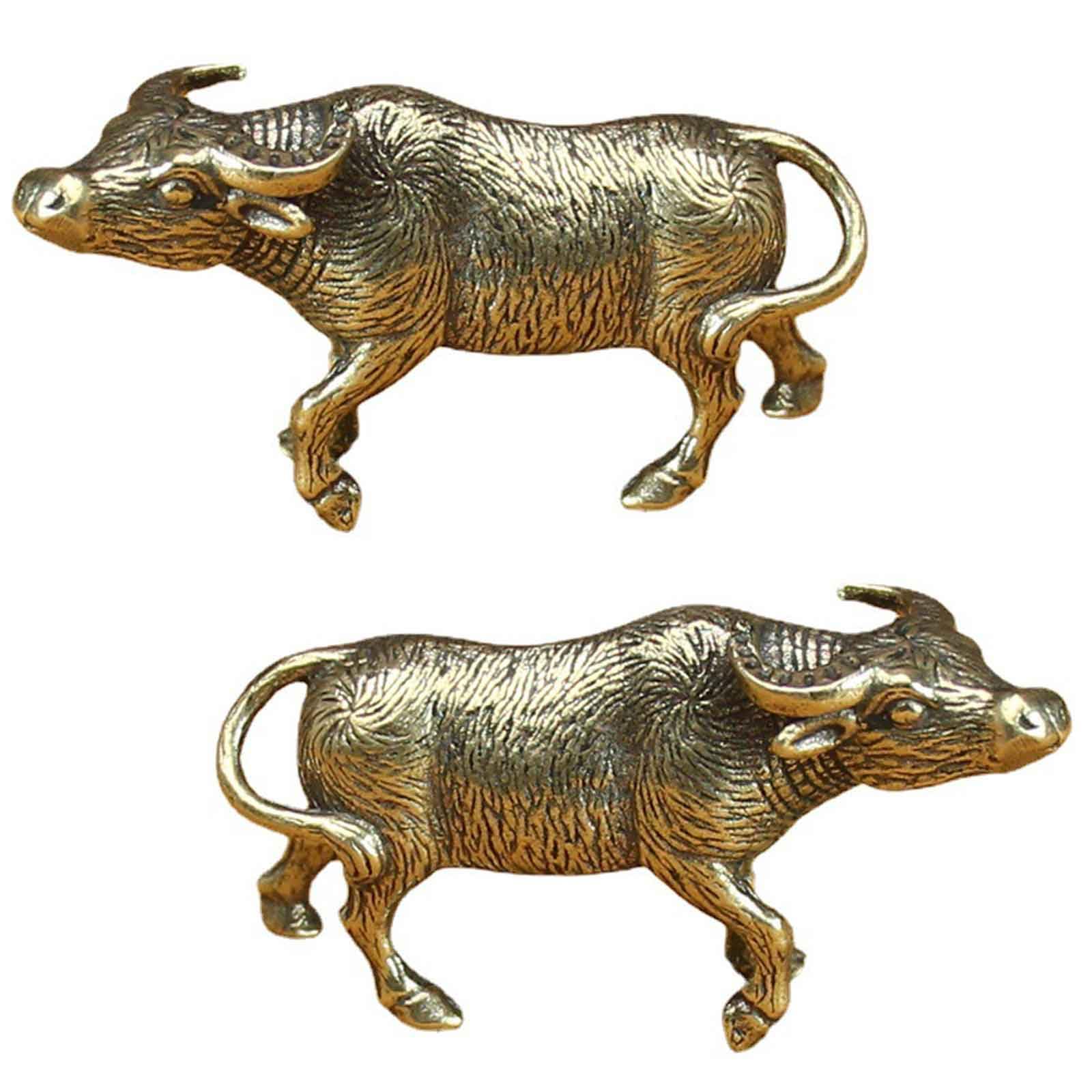 SnowOwl Brass Bull Statue 2pcs, Small Cow Figure Statues Ox Sculptures, Perfect Decor Home Table Decoration Office Desk Animal Ornament Figurine (Bronze-2)