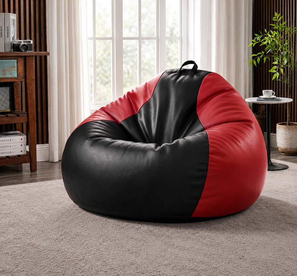 Sattva Classic 2XL Bean Bag Chair with Beans Filled | Faux Leather Sofa Style Beanbags with Filled Beans | Pre-Filled Beans Bag with Beans for Adults | Large Bin Bags Sofa - Black & Red-picture-35
