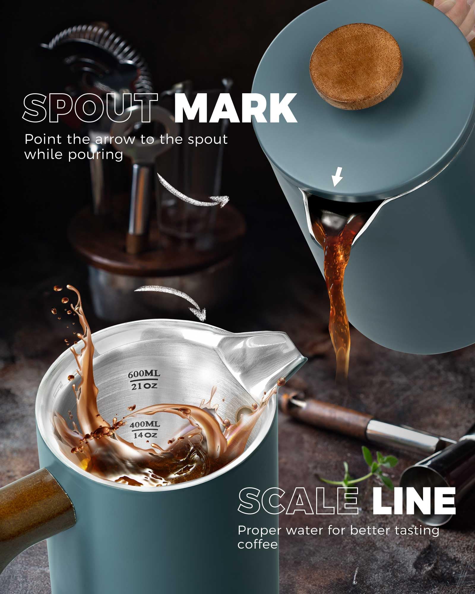 POLIVIAR – Cafetière à piston à piston à 4 tasses avec poignée en bois – Cafetière à piston en acier inoxydable pour un bon café et thé – Cafetière isotherme à double paroi avec 1 filtre
