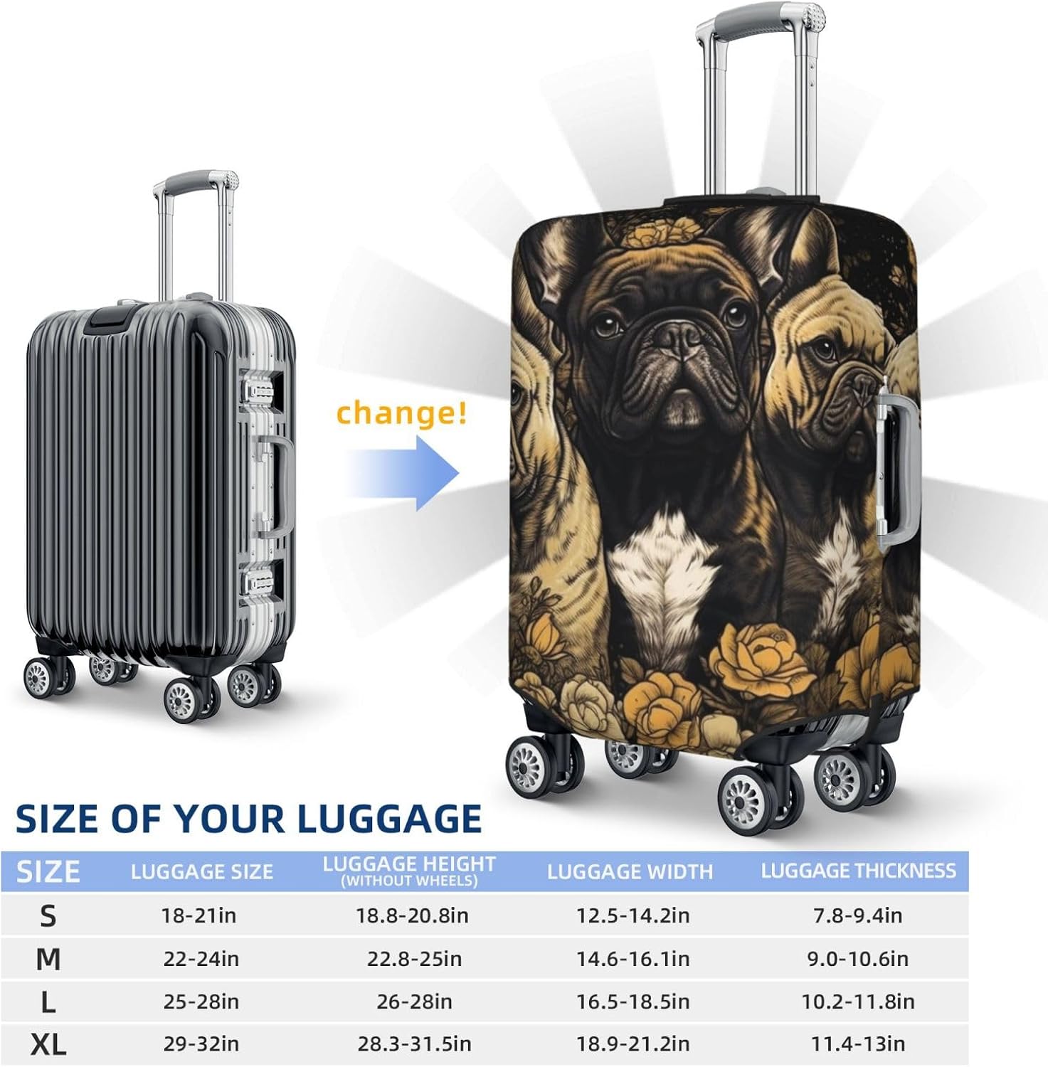Luggage Cover for Travel Elastic Suitcase Cover Three French Bulldogs Luggage Covers Fashion Suitcase Protector Thickened Baggage Cover Dustproof Suitcase Sleeve Fits 18-32 Inch Luggage