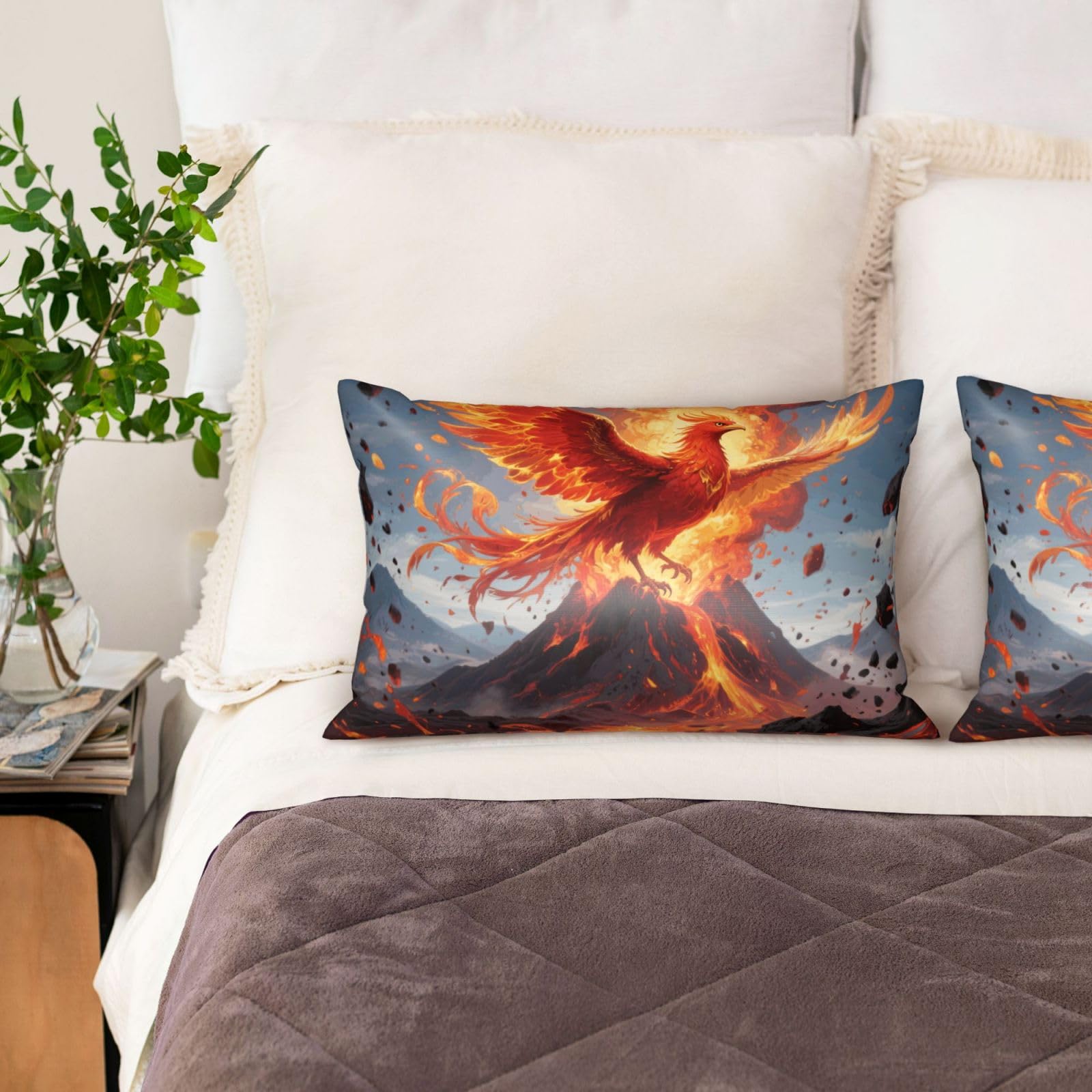 Fire Phoenix Satin Pillowcase for Hair and Skin Set of 2,Ultra Smooth Soft Breathable Cooling Pillow Cases Queen Size 20x30 Inch Bed Pillowcovers with Hidden Zipper Cushion Case Gifts for Women Men
