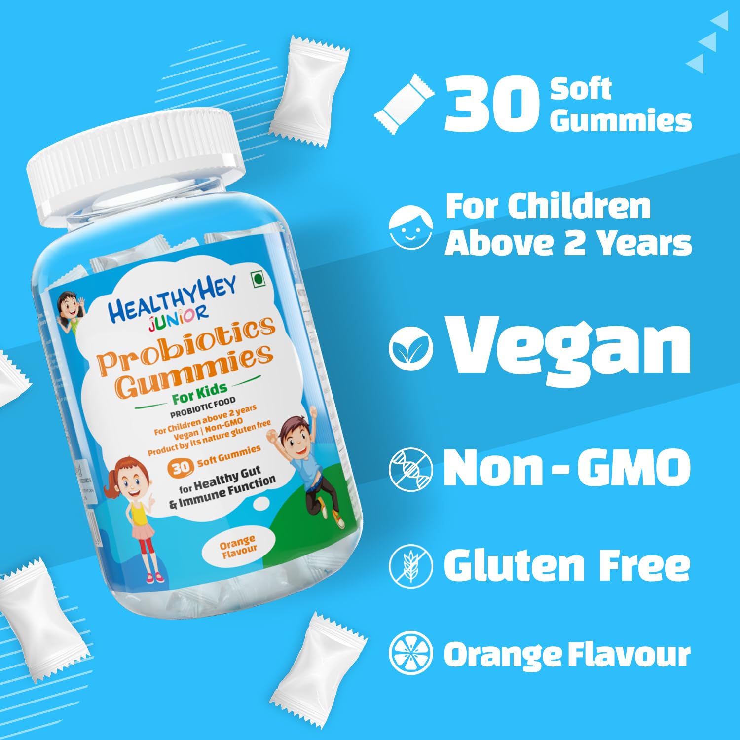 HealthyHey Junior Probiotics Gummies - for Kids - For Healthy Gut Immune Function - Orange Flavour - 30 Soft Gummies 4