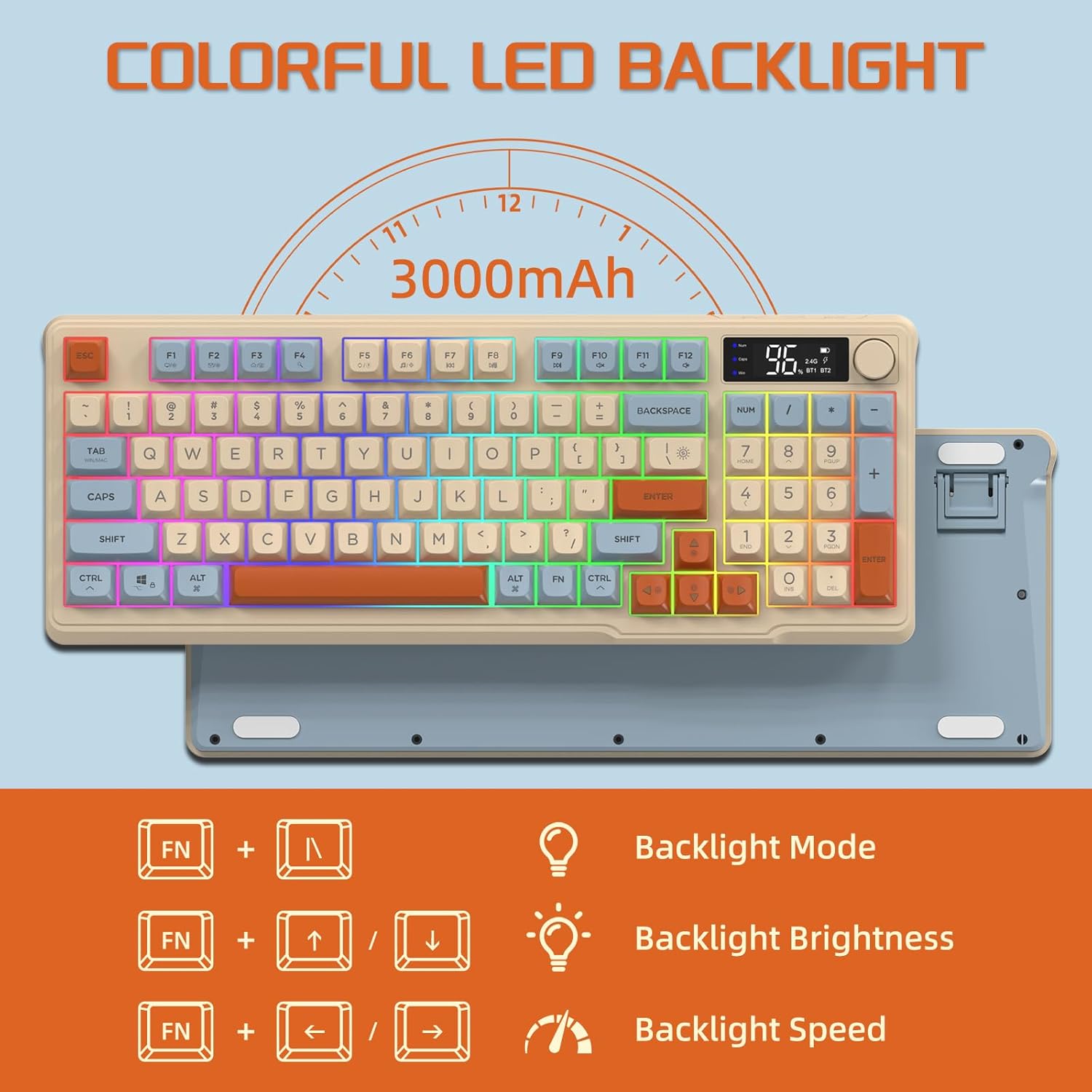 FREEWOLF M96 keyboard showing backlight control key combinations