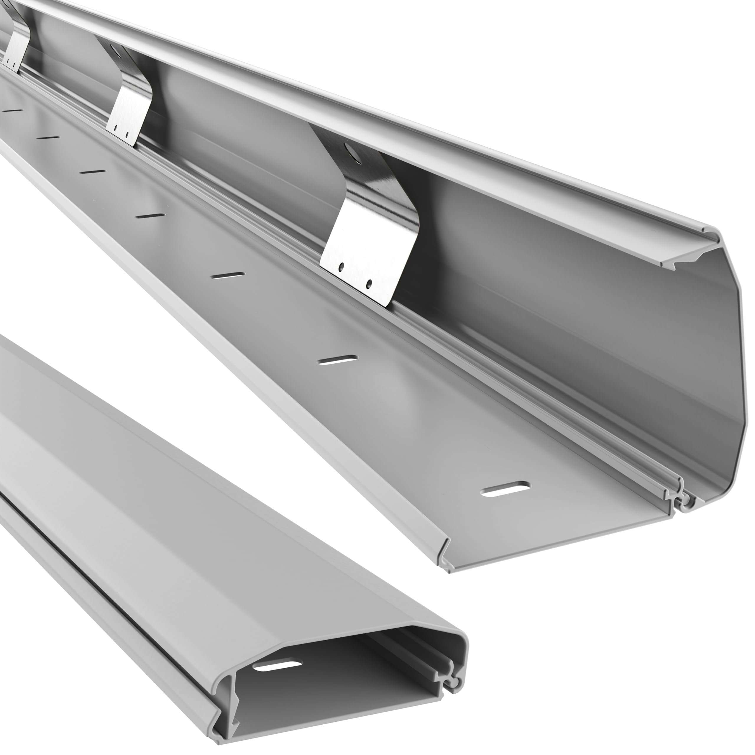 RICOO Kabelkanal Wand aus Aluminium 110cm Z1110-G Kabel Kanal Klappmechanismus Universal Wandleiste Kabelrinne Kabeltunnel Leitungskanal Kabeltrasse Kabelführungssystem Kabelleiste grau
