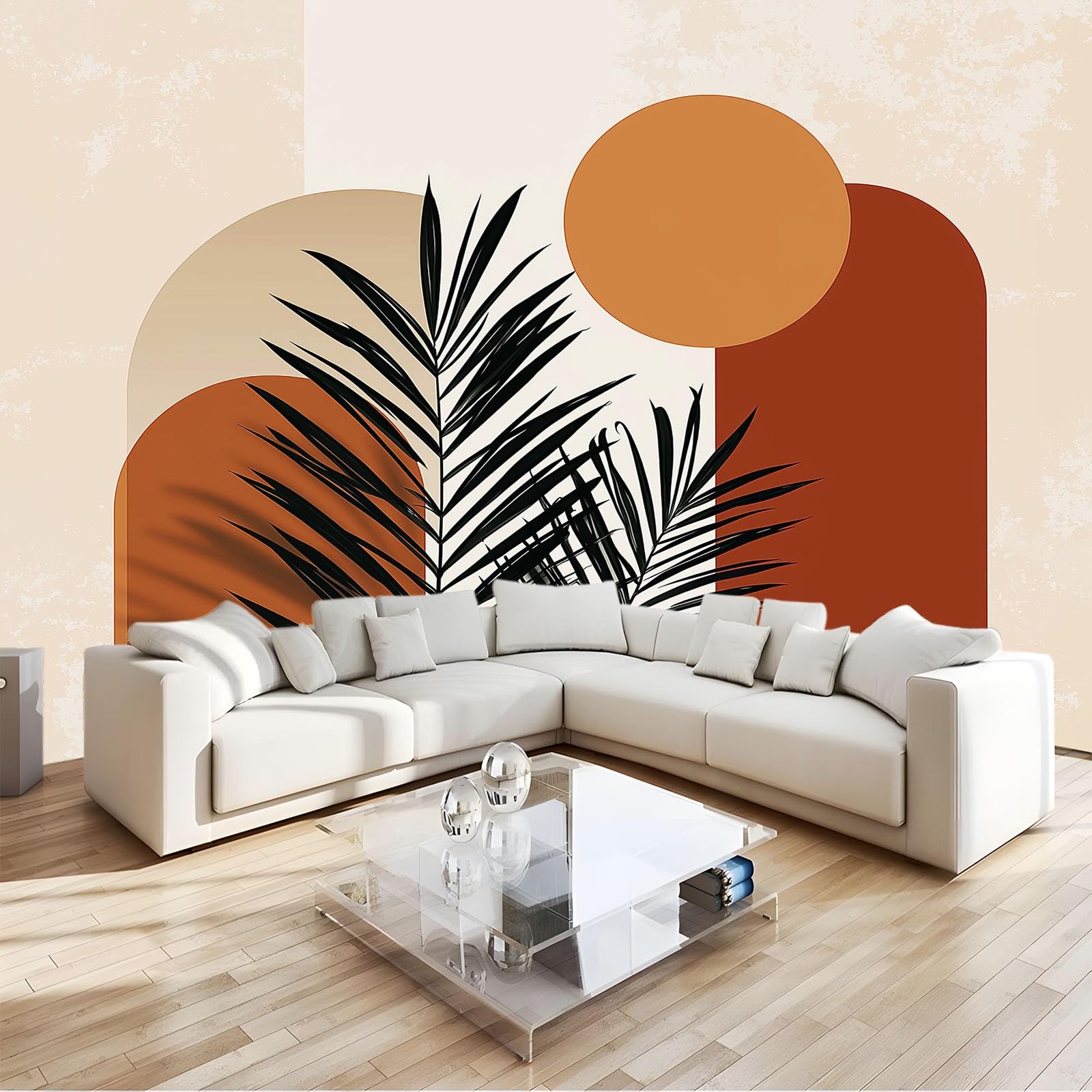 Panoramiczna tapeta 200 x 140 cm geometria rośliny liście palmowe włóknina XXL fototapeta dekoracja ścienna gobelin salon sypialnia - tapeta Trompe l'eil efekt 3D, terakota