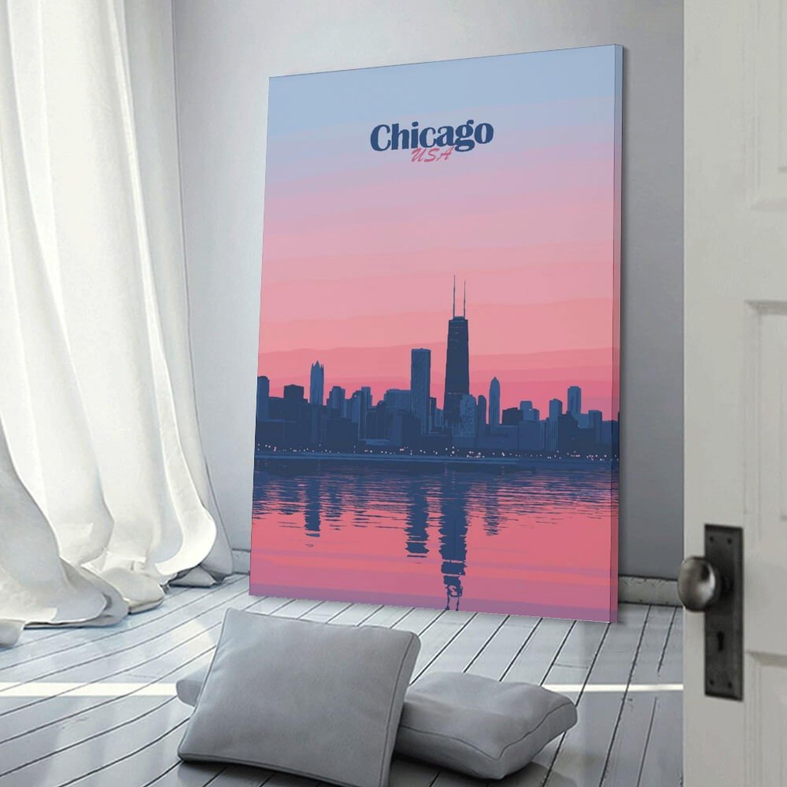 Junmoney Frame-Style-16 'Chicago Skyline Sunset Canvas Wall Decor 08X12inch(20X30cm), For Bedroom Walls, Guest Spaces Or Lounges, A Warm Accent For Relaxed Interiors