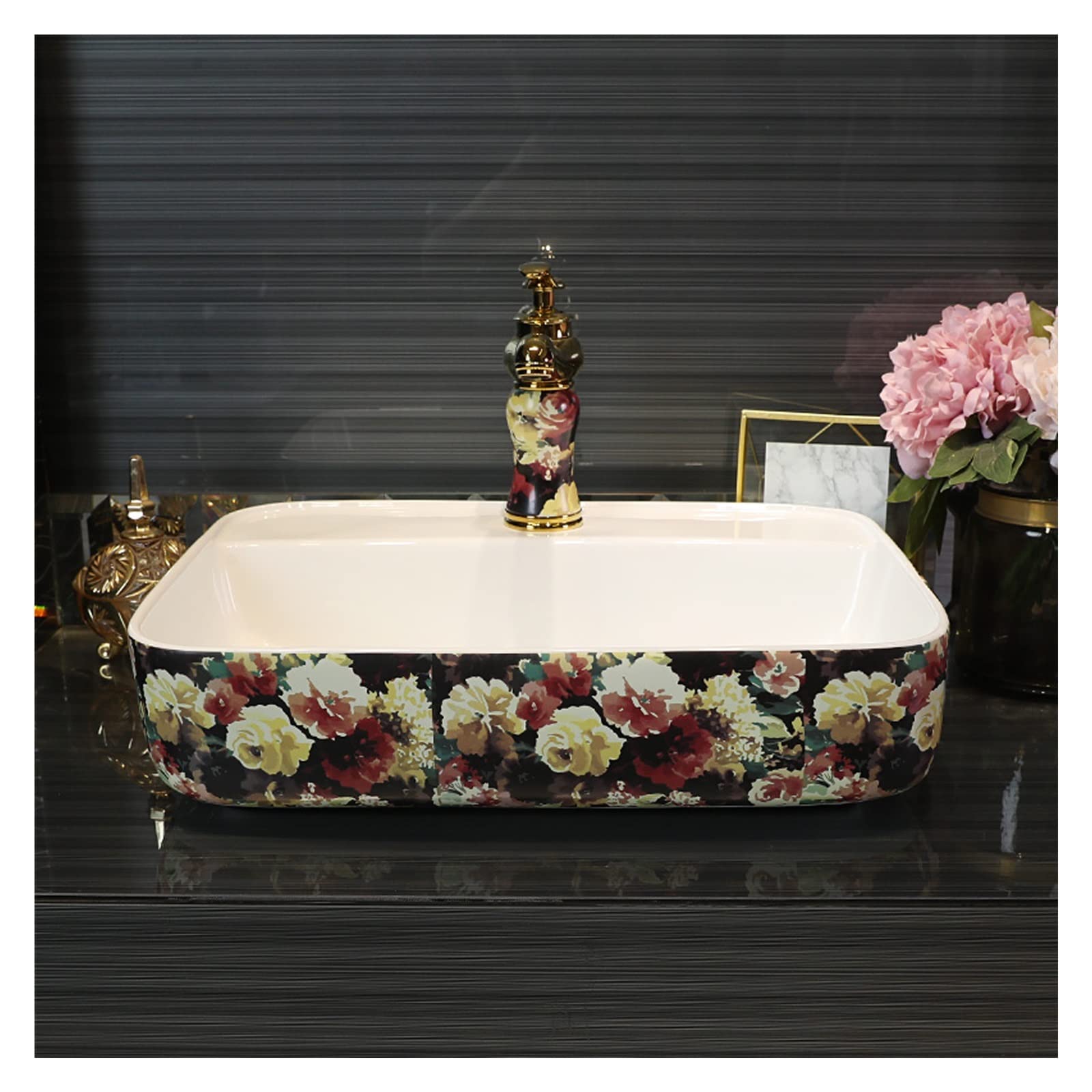 Sjdopulse Rectangle Vessel Sink And Faucet Combo, Fashion Exquisite Bathroom Artistic Ceramic Bowl Art Basin, Above Counter Porcelain Lavatory Vanity Sinks