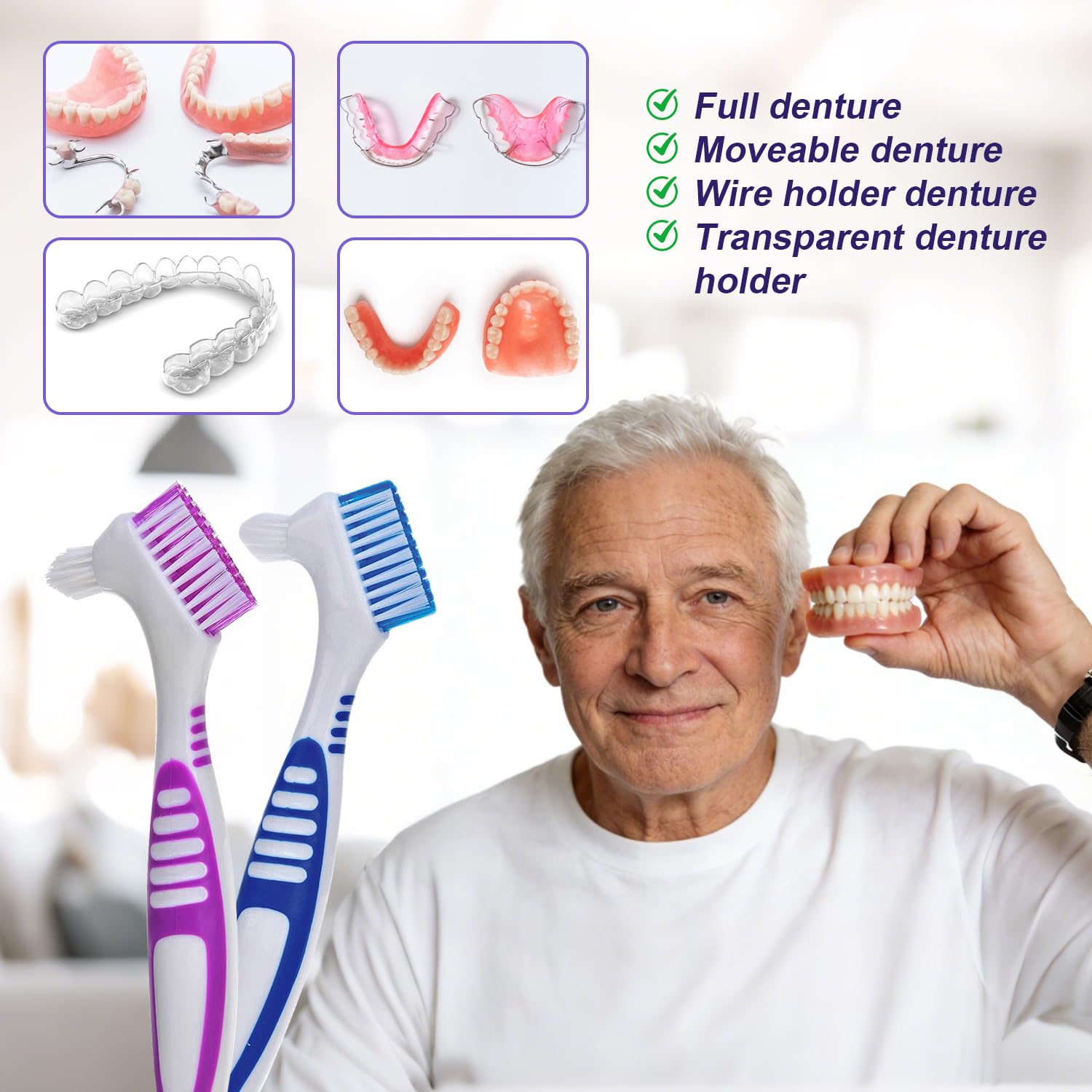 1 Pcs Denture Cleaning Brush – Dual-Sided, Multi-Layered Soft Bristles, Rubber Anti-Slip Handle, Portable False-Teeth Cleaner (Purple, Small-1B)