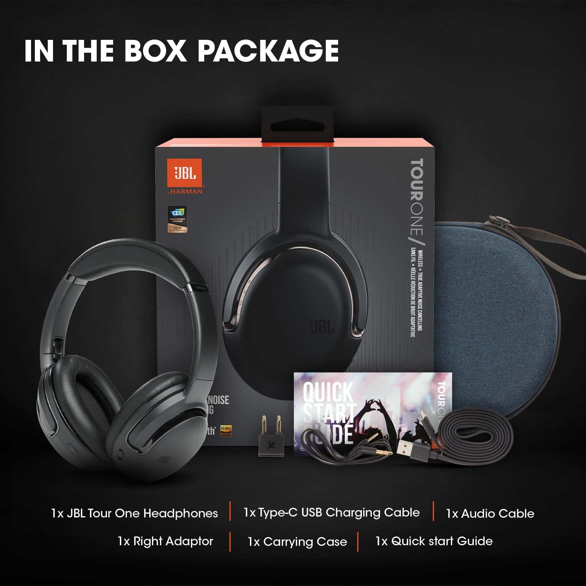 JBL Tour One – Casque circum-auriculaire sans fil avec réduction de bruit – Son JBL Pro – 50h d'autonomie – Connexion Bluetooth – Commande vocale mains libres – Couleur : Noir