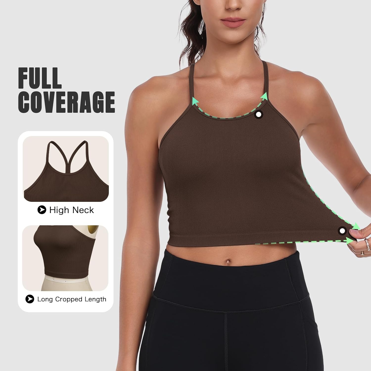 VEQKING Women Sports Bras High Neck Seamless Ribbed Longline Yoga Tank Tops with Built in Bra, 3 Pack - Image 3