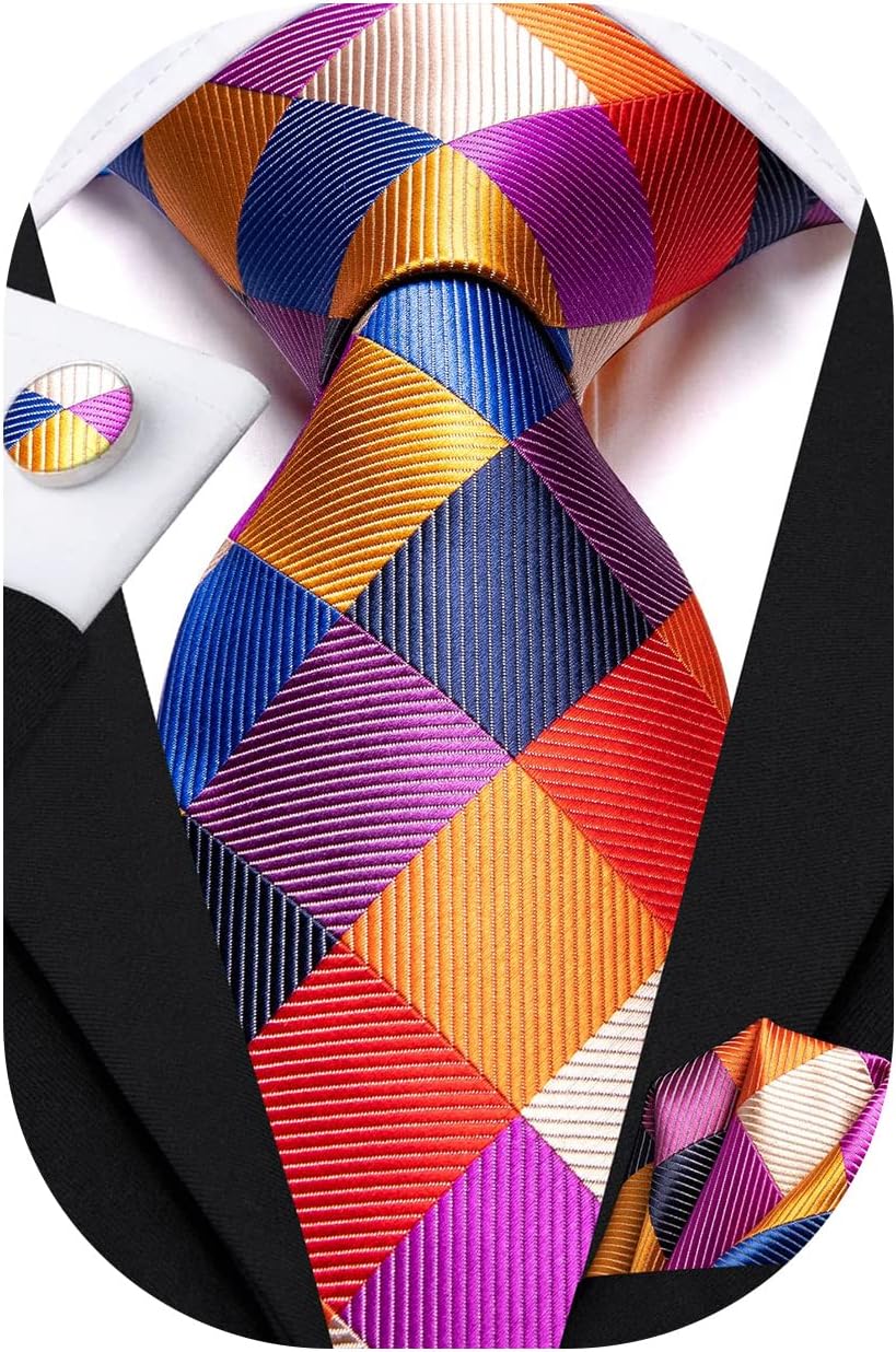Hi-Tie Men's Plaid Paisley Necktie Set with Handkerchief & Cufflinks - Jacquard Silk Tie for Wedding Business Gifts
