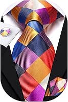 Hi-Tie Men's Plaid Paisley Necktie Set with Handkerchief & Cufflinks - Jacquard Silk Tie for Wedding Business Gifts