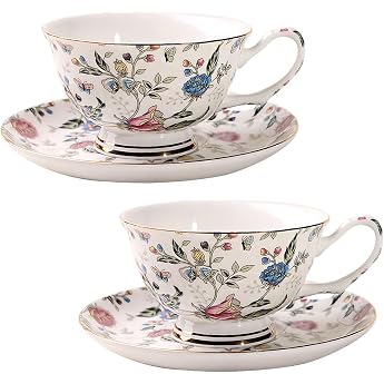 Coffee Cup with Saucer 2 Set of Floral Porcelain Coffee Cups Vintage Coffee Mug Bone China Tea Cups Set Afternoon Tea Gift Mug Set 200 ml D