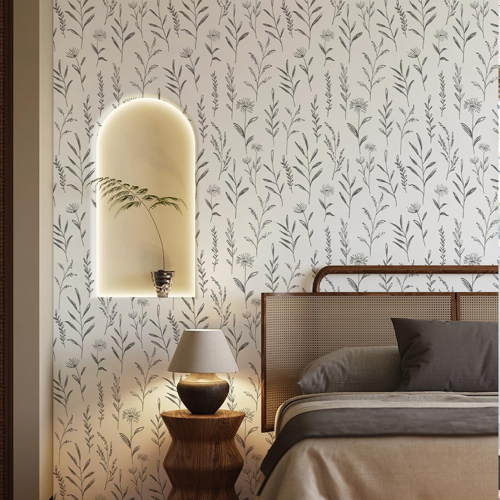 Gray Floral Peel and Stick Wallpaper, Removable Boho Wildflower Botanical Shelf Liner for Bedroom Kitchen Countertop Cabinets Dresser Drawer Furniture 17.7X117 Inches