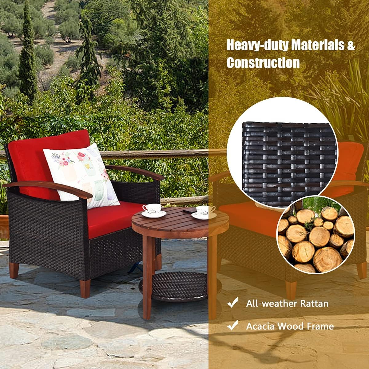 HAPPYGRILL 3 Pieces Patio Conversation Set Outdoor Rattan Wicker Sofa Set with Cushion and Acacia Wood Frame Table and Chairs Set for Garden Poolside Balcony