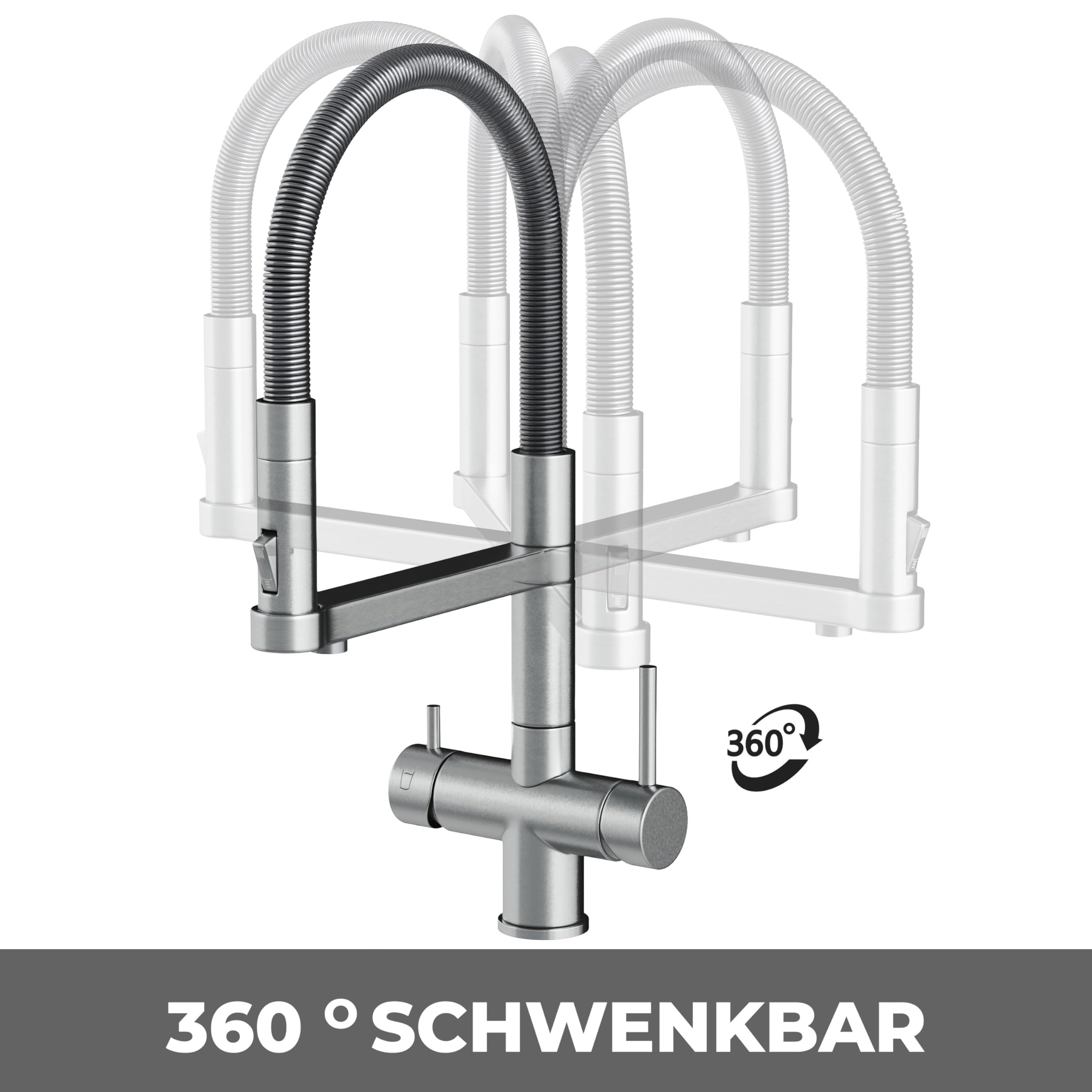AORA® | STATEMENT INOX 5 Wege Wasserhahn | 360° drehbare Küchenarmatur aus massiven Edelstahl | Spültischarmatur Wasserfilter, Osmoseanlagen, Tafelwasseranlagen | Wasserfilter Wasserhahn | Schwarz