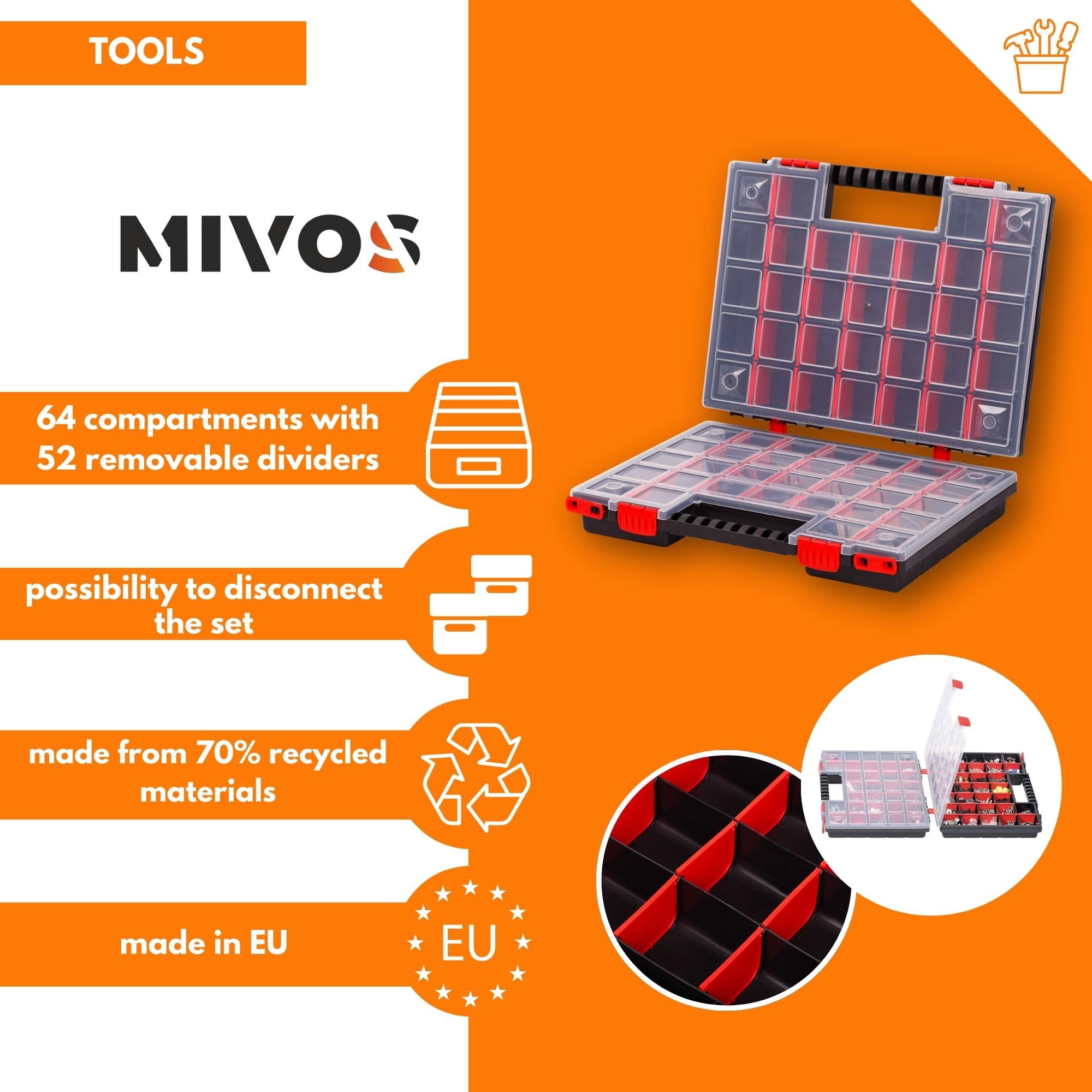 Mivos Scatola di assortimento su entrambi i lati, 399 x 303 x 100 mm, 2 lati, con 64 scomparti regolabili, per viti, per accessori, robusta cassetta degli attrezzi per officina - Made in EU