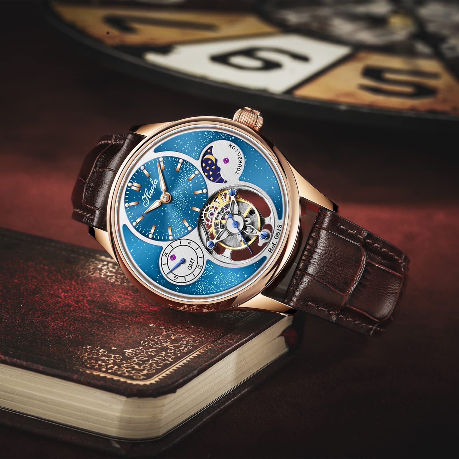 Haofa GMT Tourbillon-Uhr für Herren, Mondphase, Sternenhimmel, Zifferblatt, manuelle mechanische Uhr, Saphir, Leuchtend, wasserdicht, Luxus, Business, formelle Herrenuhr 0618