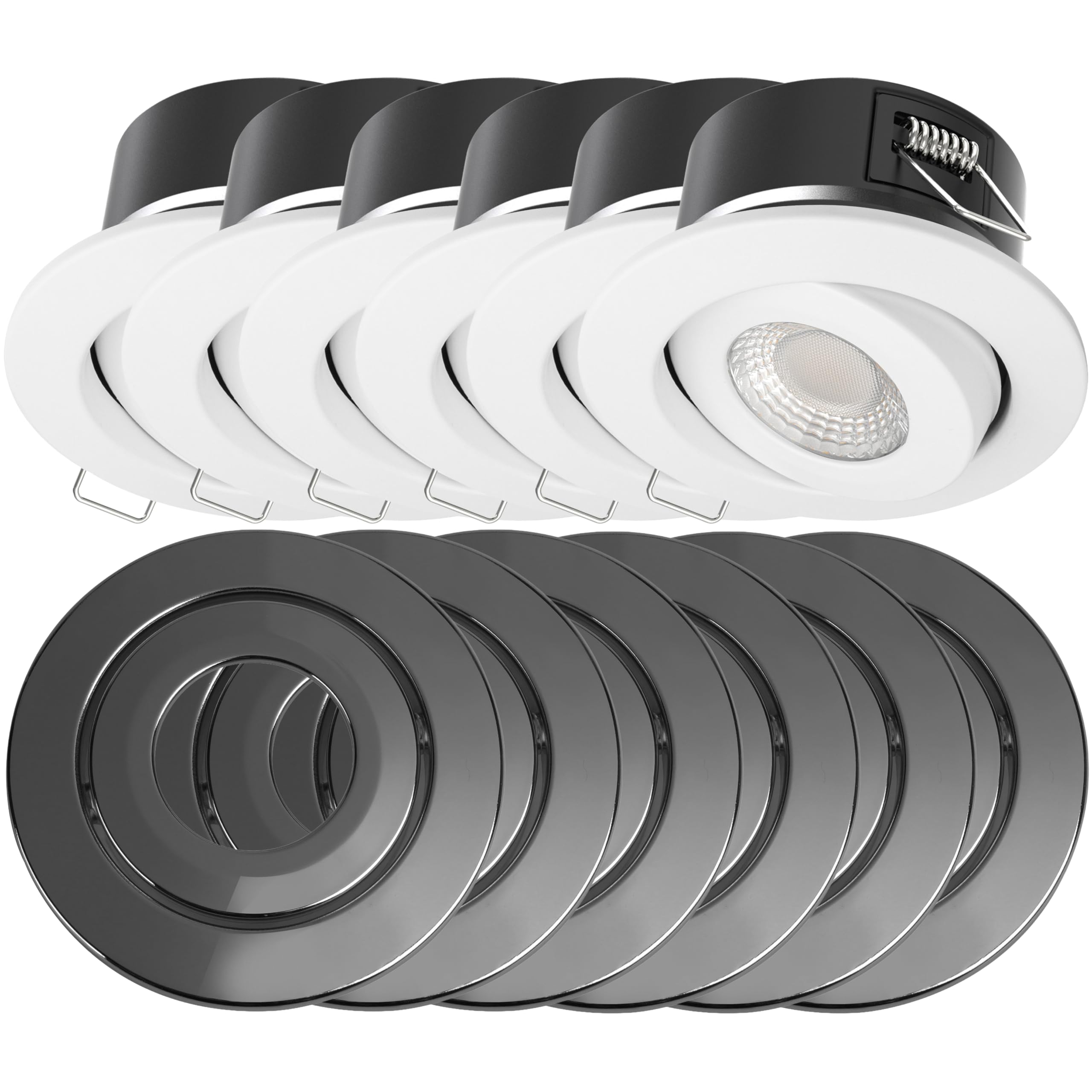 Bright Source All in One Integrated LED Downlight, TRIAC Dimmable, IP65, 3 Wattage Settings 4W/6W/8W, Switchable Colour 2700K 3000K 4000K 6000K, White & Gunmetal Grey Bezel Bundle, Tiltable, 6 Pack