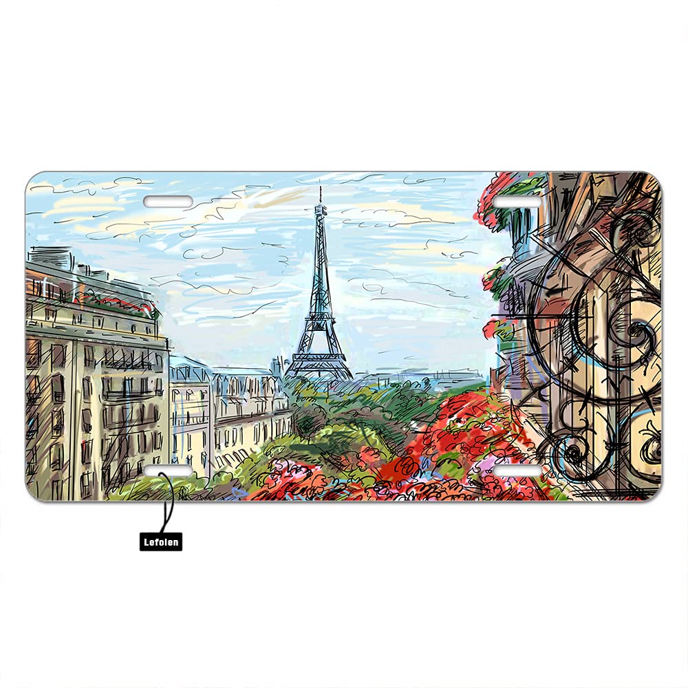 Street in Paris Car Front License Plate France Eiffel Tower Urban Building Flower Blue Sky Drawing Decorate License Plates 6" X 12" Tag Novelty Vanity Metal Plate Aluminum