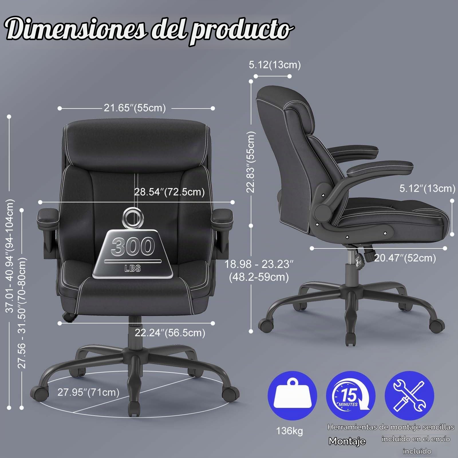 AnyGod Silla de Oficina Ergonómica, Sillón Ejecutivo de Piel Sintética con Reposabrazos Abatibles, Silla Giratoria de Escritorio Ajustable en Altura, Capacidad 136 kg, para Teletrabajo y Oficina