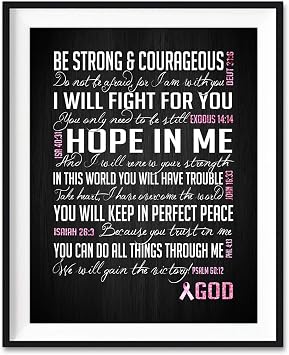Be Strong and Courageous, Breast Cancer Awareness Encouragement Art Print, Unframed, Pink Survivor Bible Verse Scriptures Poster Gift for Her, 5x7 inches