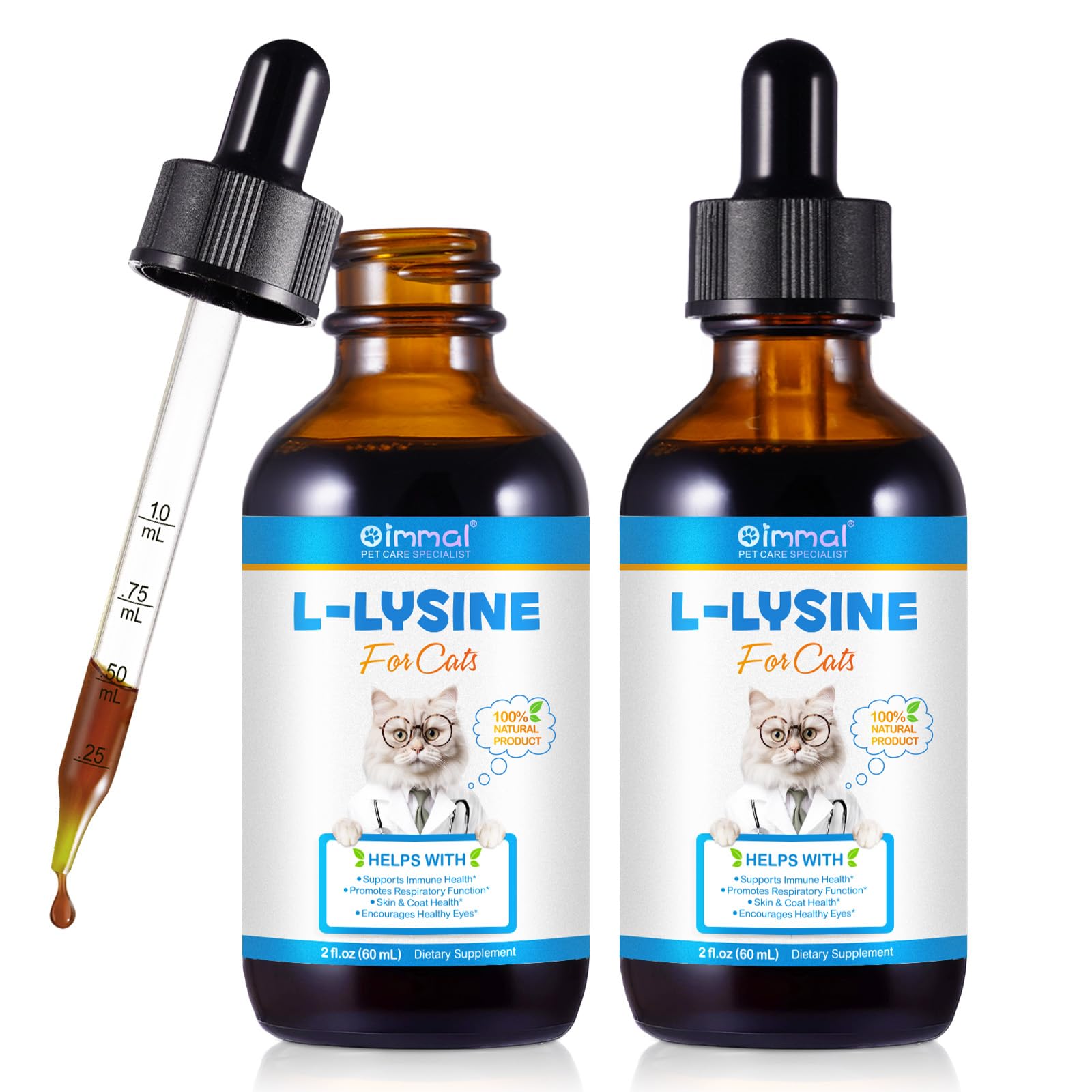 Oimmal L-Lysine for Cats – Lysine Liquid Complementary Feed for Immune Support, Eye Function & Cat Skin Coat & Daily Wellness, Easy to Use Cat Vitamin Supplement, Chicken Flavour, 2 x 60 ml (2 Pack)
