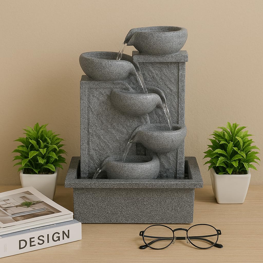 Mahganya Polyresin Table Top Grey Color Indoor Waterfall Fountain for Home Decor with Yellow LED Lights & Water Flow Controller Pump (Size: 38 x 29.5 x 22CM)-image-39