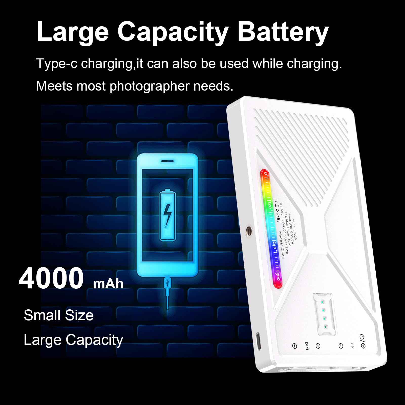 Andoer Luce video a LED RGB, luce per fotocamera, 225 perline LED, luce video, dimmerabile, 2500 K-9900 K, luce di riempimento ricaricabile con supporto per scarpe fredde per smartphone, tablet