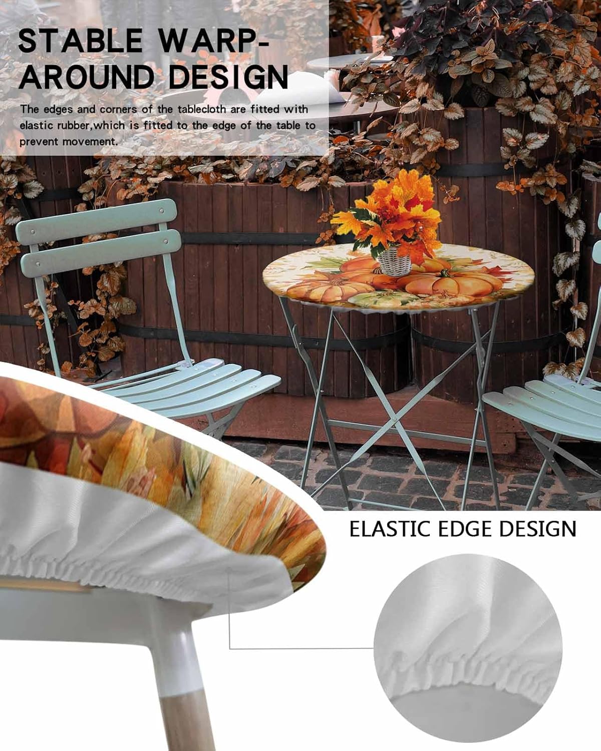 Fall Fitted Tablecloth for Round Table,Thanksgiving Pumpkin Waterproof Table Cloth with Elastic Edge,Maple Leaf Orange Watercolor Vintage Linen Round Table Cover for Party Holiday Kitchen 45-54in