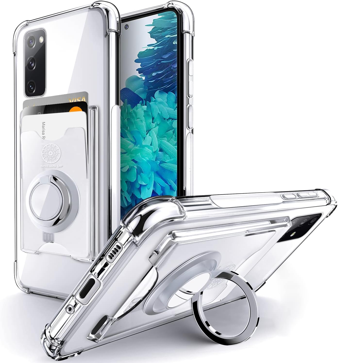 Shields UP for Samsung Galaxy S20 FE 5G Phone Case Clear with Card Holder [3 Cards] Ring St& Wallet Case Slim Protective Shockproof Cover for Samsung Galaxy S20 FE 5G 6.5 inch – Clear