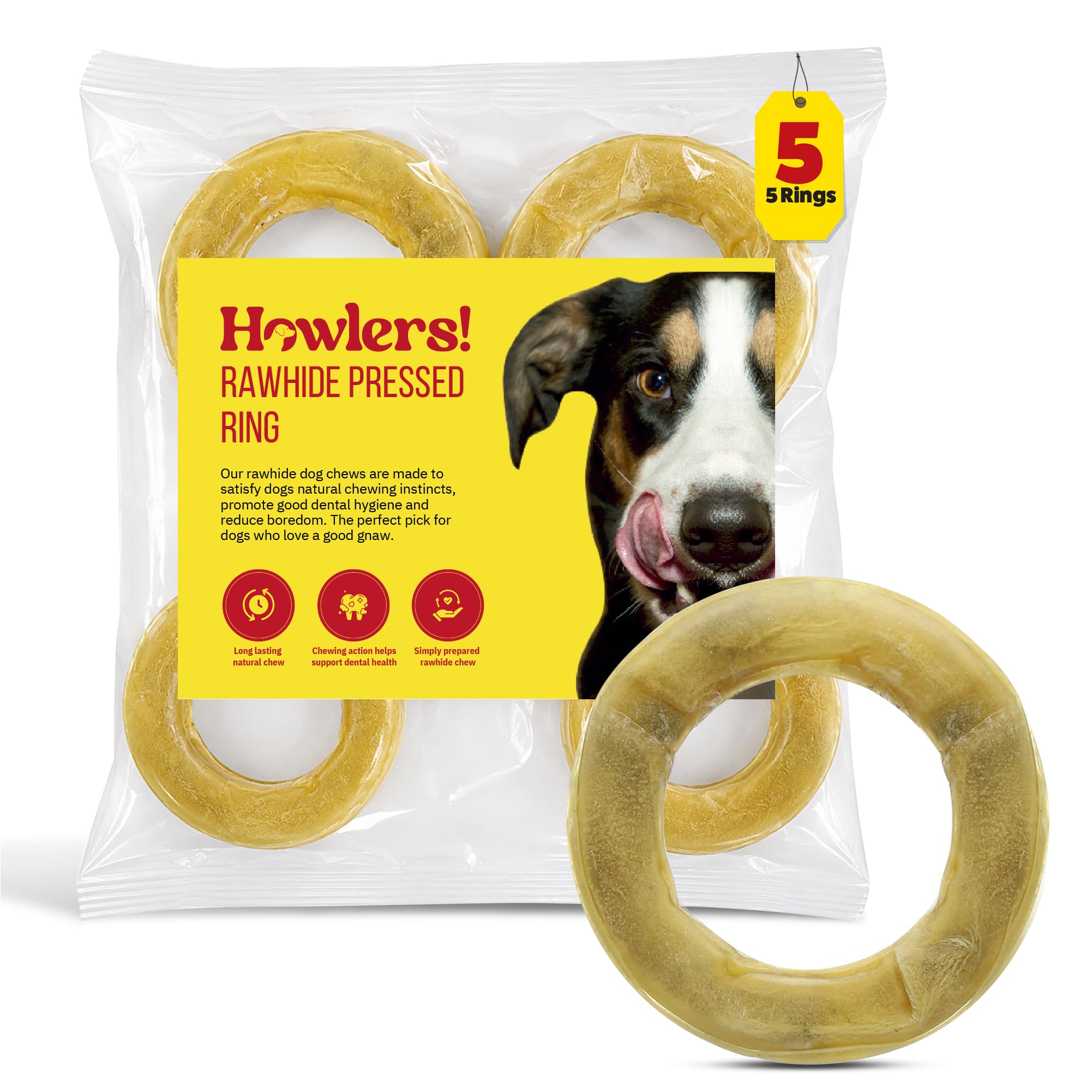  - Howlers Rawhide Dog Chews Treat Pressed Rings 15CmPack Of 5