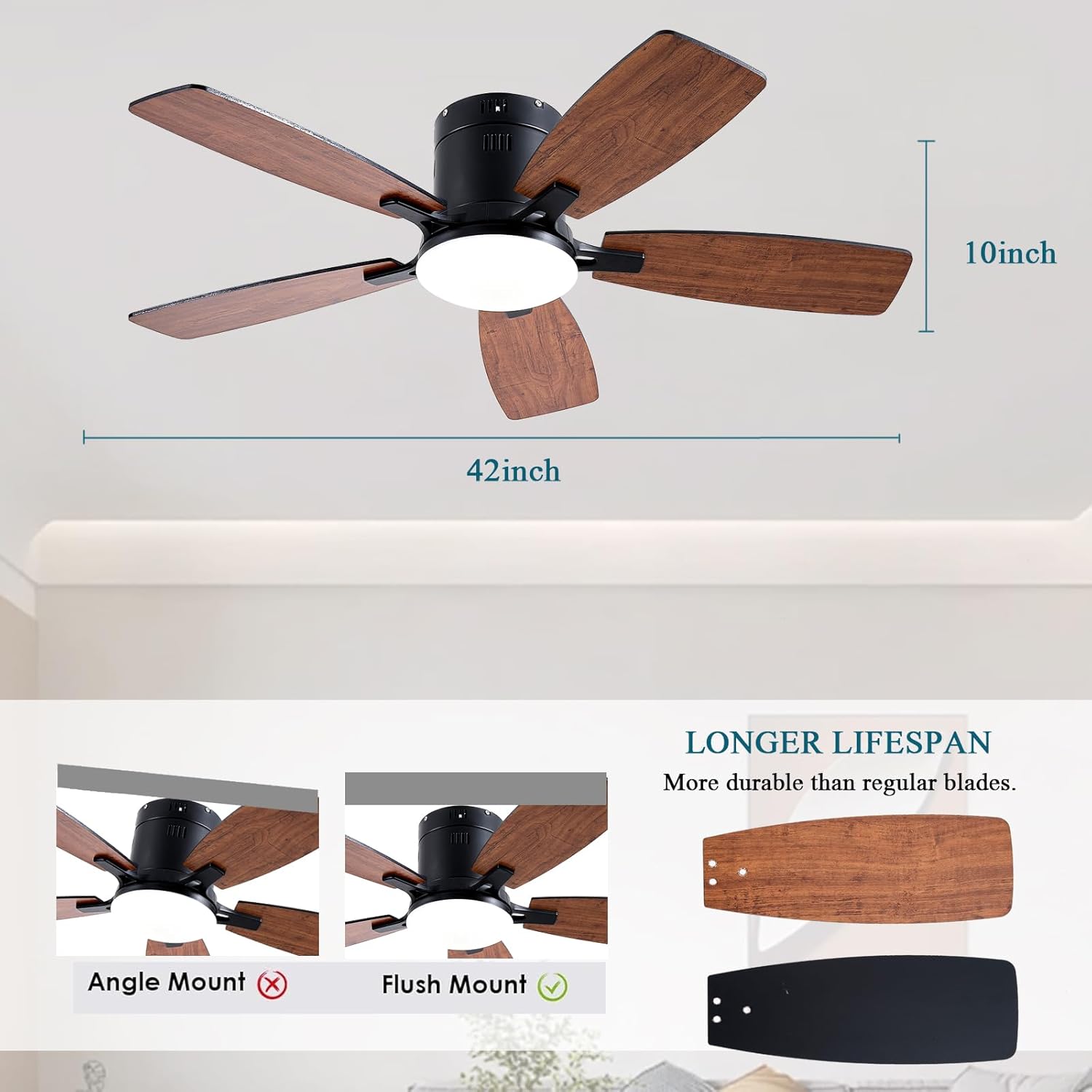 Ayaoty Ceiling Fans with Lights, 42 inch Low Profile Ceiling Fan with Light and Remote Control, Flush Mount, LED Dimmable DC Reversible Modern Ceiling Fan for Bedroom