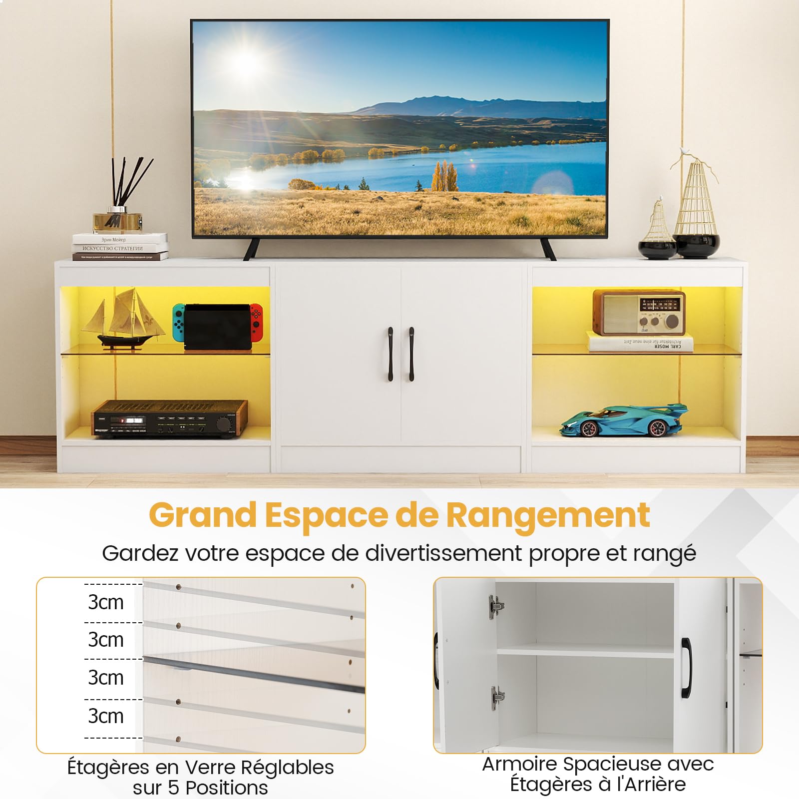 COSTWAY Meuble TV LED pour Télé 85", Meuble Télé Modulaire en 3 Pièces, Étagères en Verre Réglables, 16 Couleurs, Lminosité Télécommandée, Table TV pour Chambre, Salon, Gaming (Blanc)