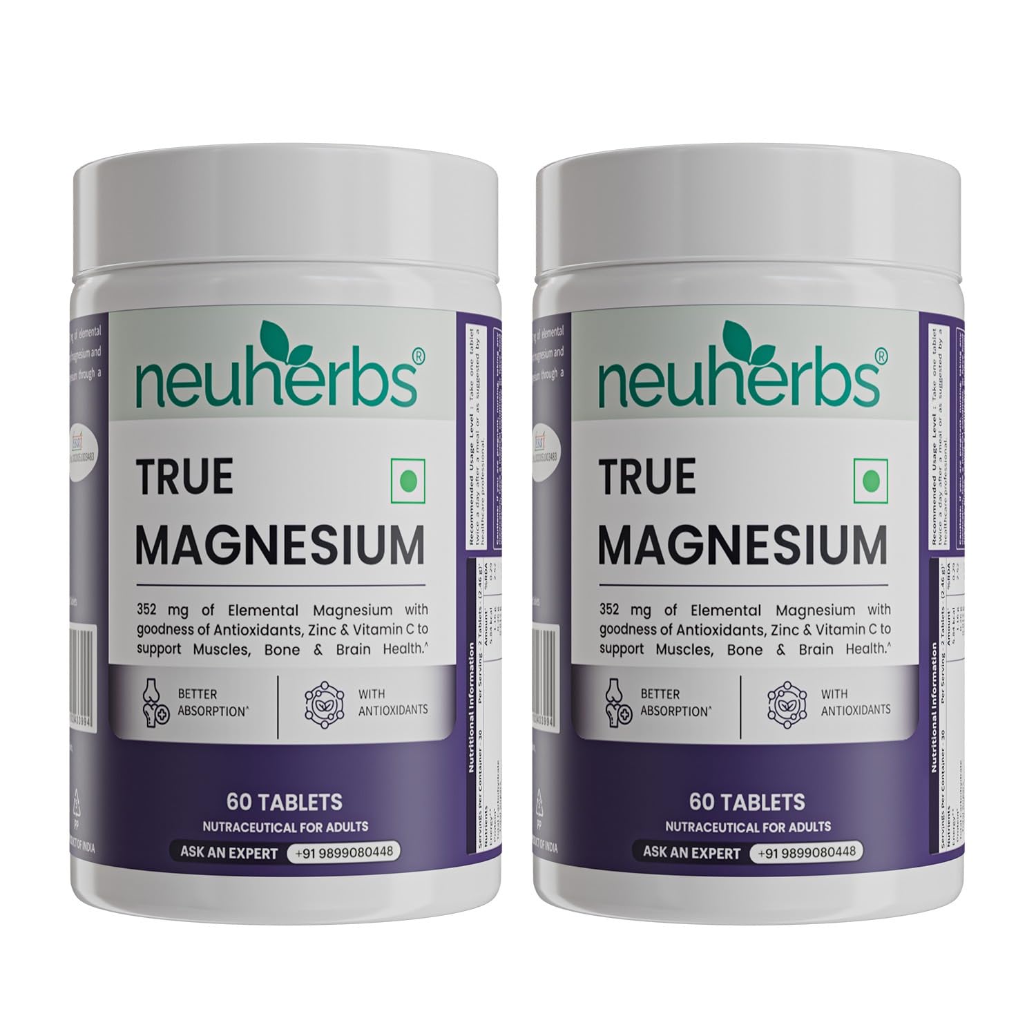 Neuherbs True Magnesium Glycinate Supplement 1600mg - 60 Tablets (Pack of 2) | Chelated Magnesium For Men & Women With Antioxidants, Zinc & Vitamin C For Muscle Recovery, Improved Sleep & Joint Health