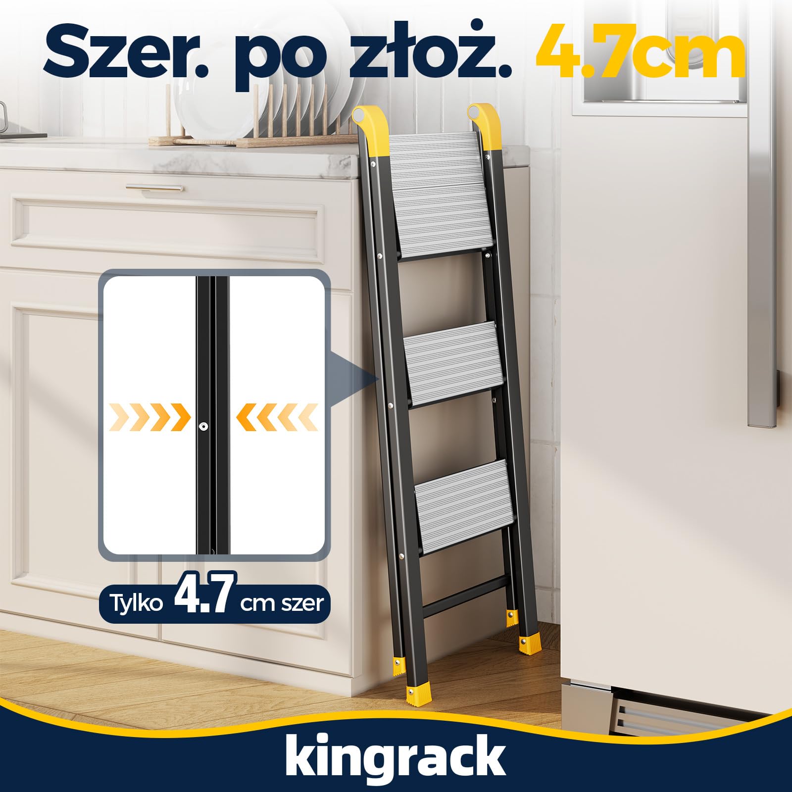 KINGRACK Drabina schodkowa, 3-stopniowa, składana, do gospodarstwa domowego, obciążenie do 150 kg, czarna