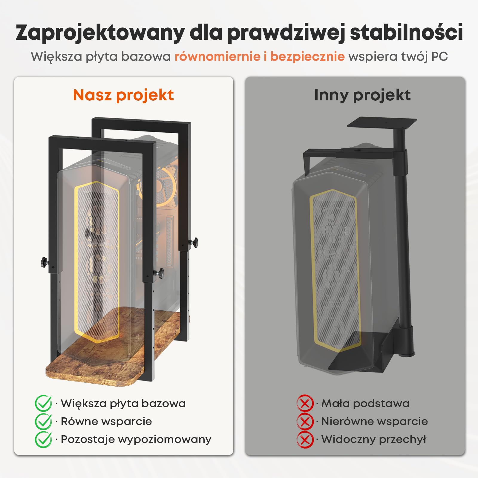 Solidny uchwyt PC pod biurko, regulowana wysokość – Uchwyt na obudowę PC, oszczędność miejsca, maksymalna waga 30 kg, Czarny & rustykalny brąz