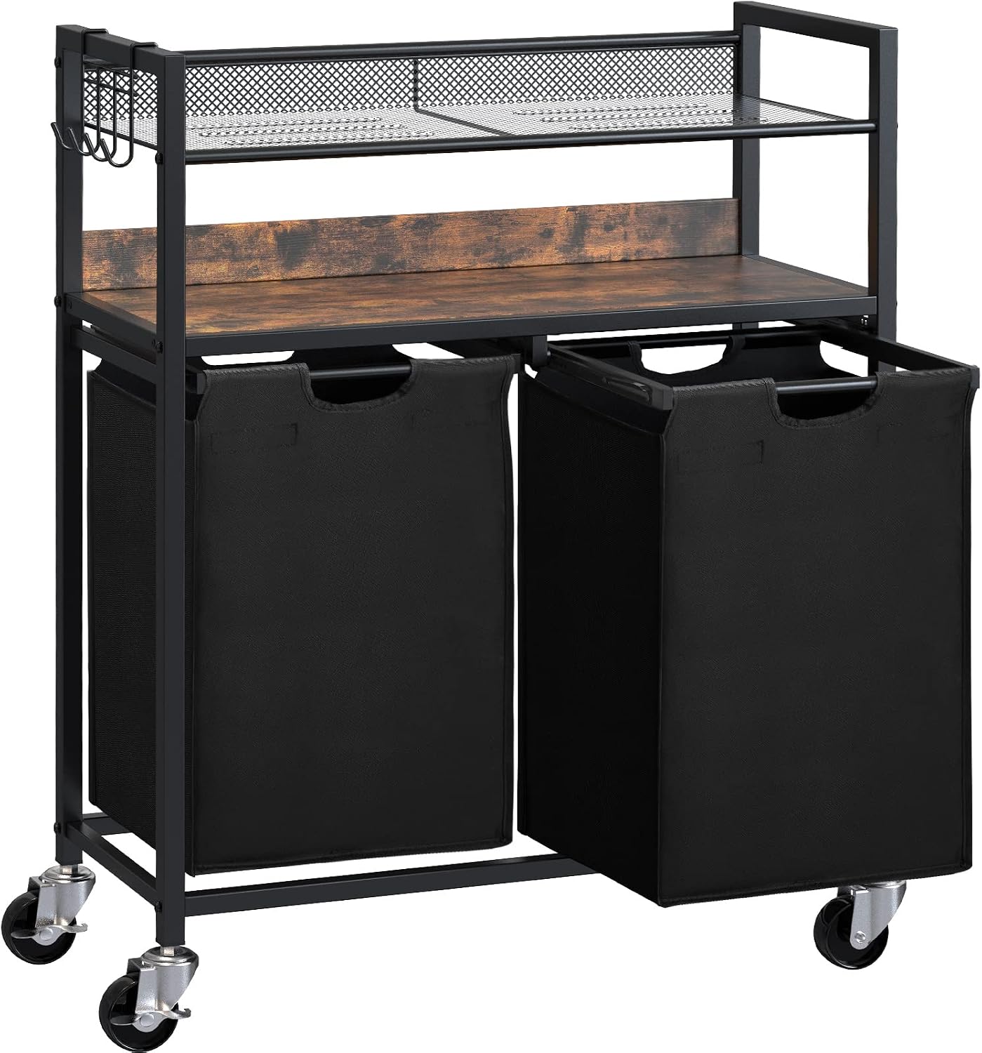 Greenstell Laundry Hamper Cart, Laundry Basket with Shelf, 94L, Large Pull-Out Laundry Sorter with Slide Rails, 2 Removable Laundry Bags, Metal Frame