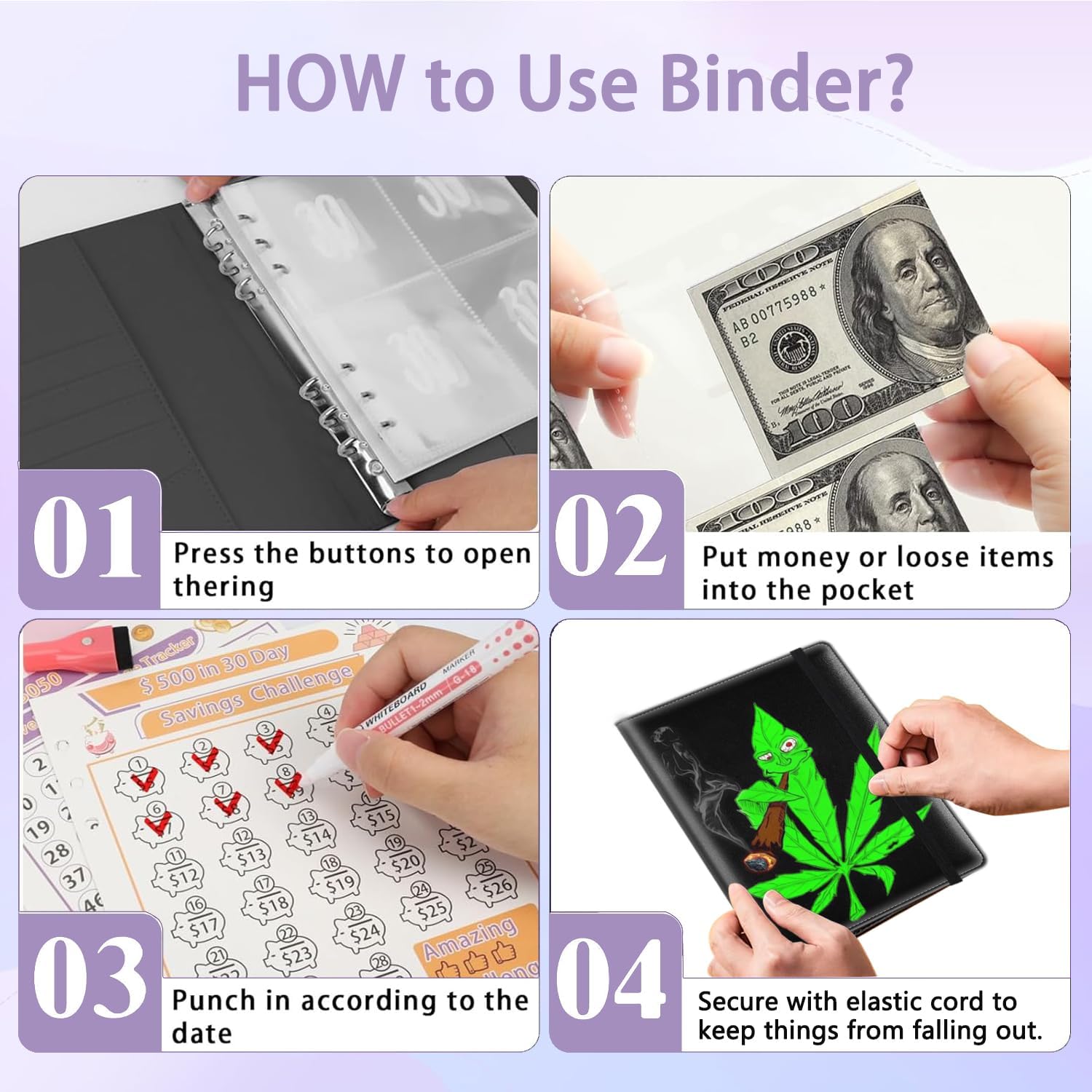 100 Envelopes Money Saving Challenge Binder, A5 Budget Binder with 25 pcs Cash Envelopes, 3 pcs Reusable Laminated Trackers Saving $5050, $500, $10000, Money Organizer,Cannabis Weed