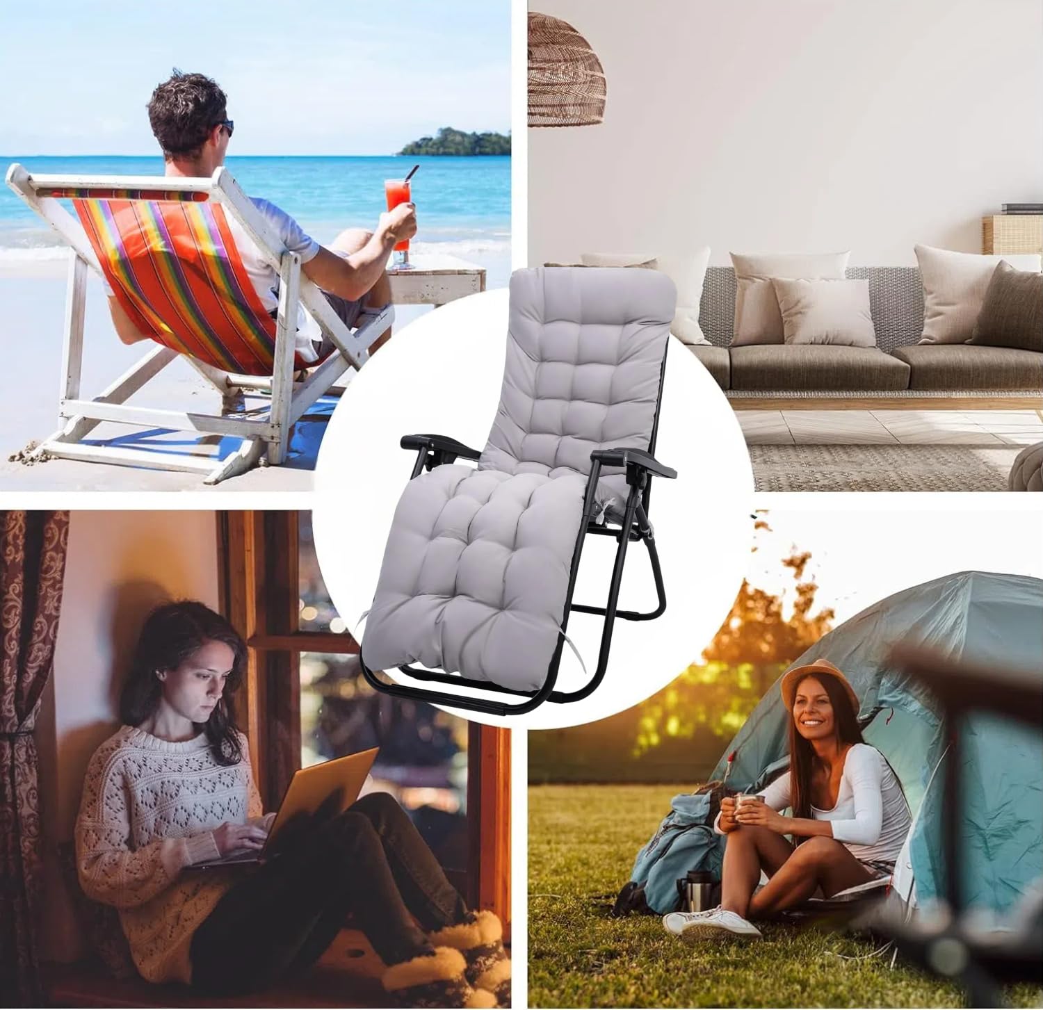 Solo cuscini per sedia a dondolo, con 6 lacci e copertura superiore fissa, antiscivolo, per sedia a sdraio da giardino, per esterni, spiaggia, portico, altalena, patio (senza sedia) (grigio)