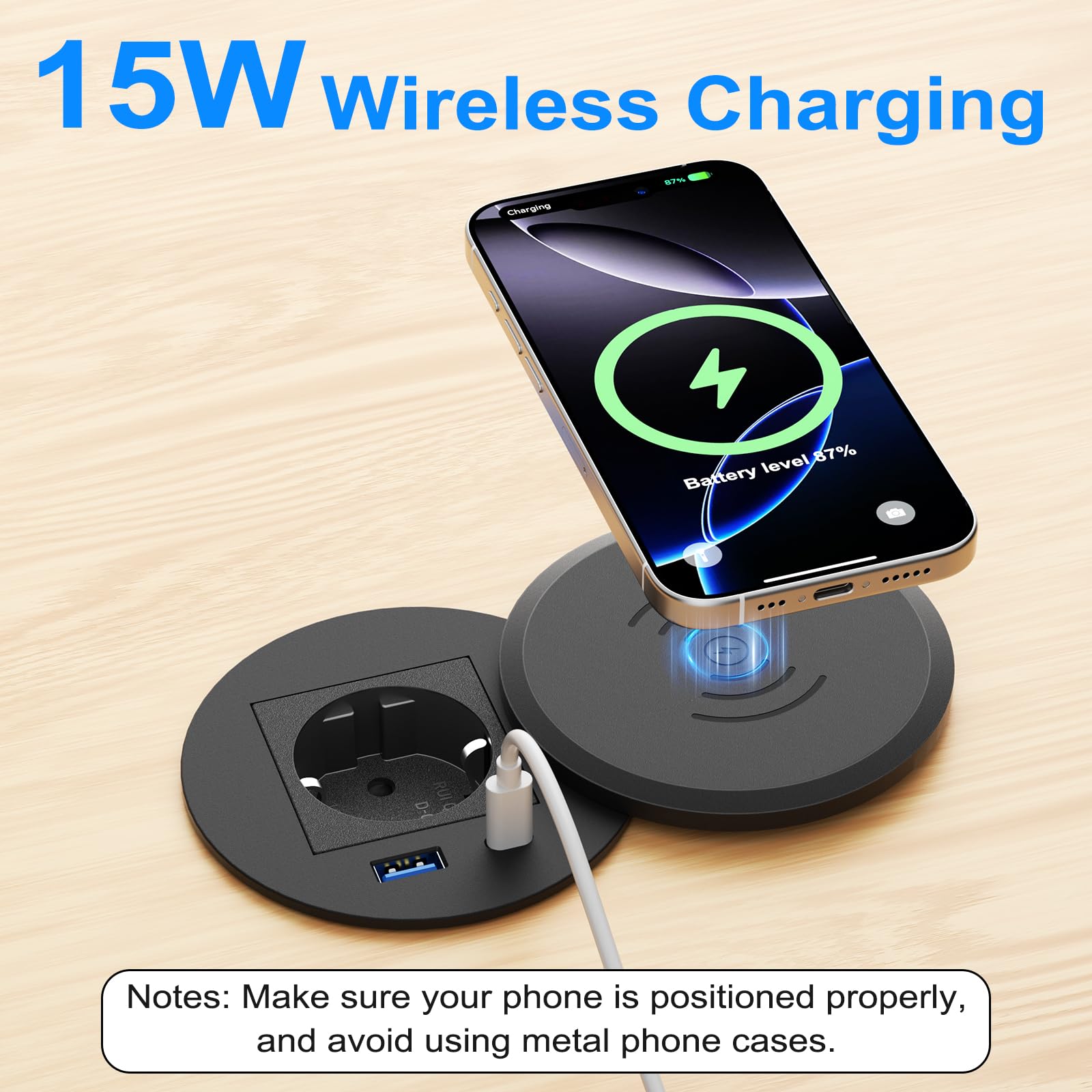 Sewingvr Inbouwstopcontact met 15 W draadloos opladen & USB-C PD 30 W, inschuifbaar tafelstopcontact voor keuken en werkblad, 2 m kabel, zwart