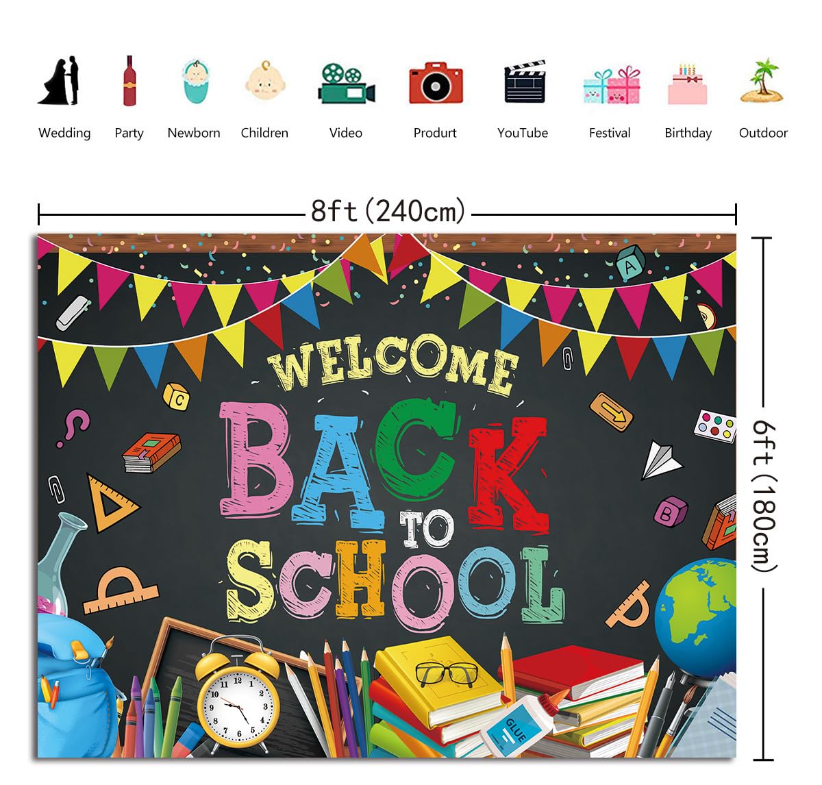 Fotohintergrund „Here's To A Bright School Year“ – 210x150 Cm | Für Schulanfang, Klassenzimmer & Kinderpartys | Digital Bedruckt, Aus Polyester