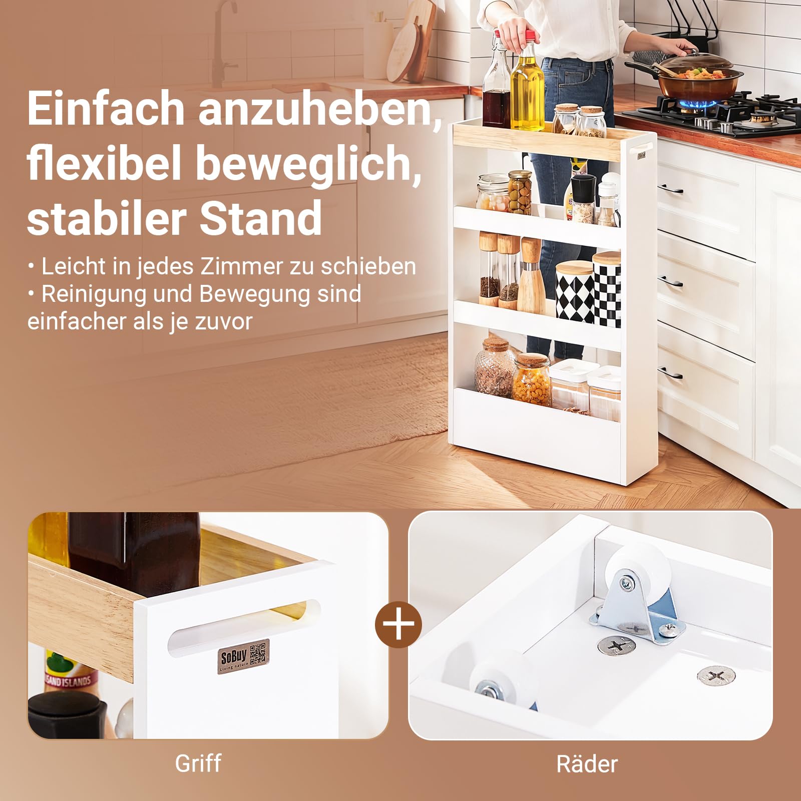 SoBuy Nischenschrank 15 cm Breit Rollwagen Schmal Küchenregal mit Rollen, Platzsparendes Nischenregal für Küche & Badezimmer, Ideale Lösung für kleine Räume, Apothekerschrank Küche 80x50x15 cm NSR12-W
